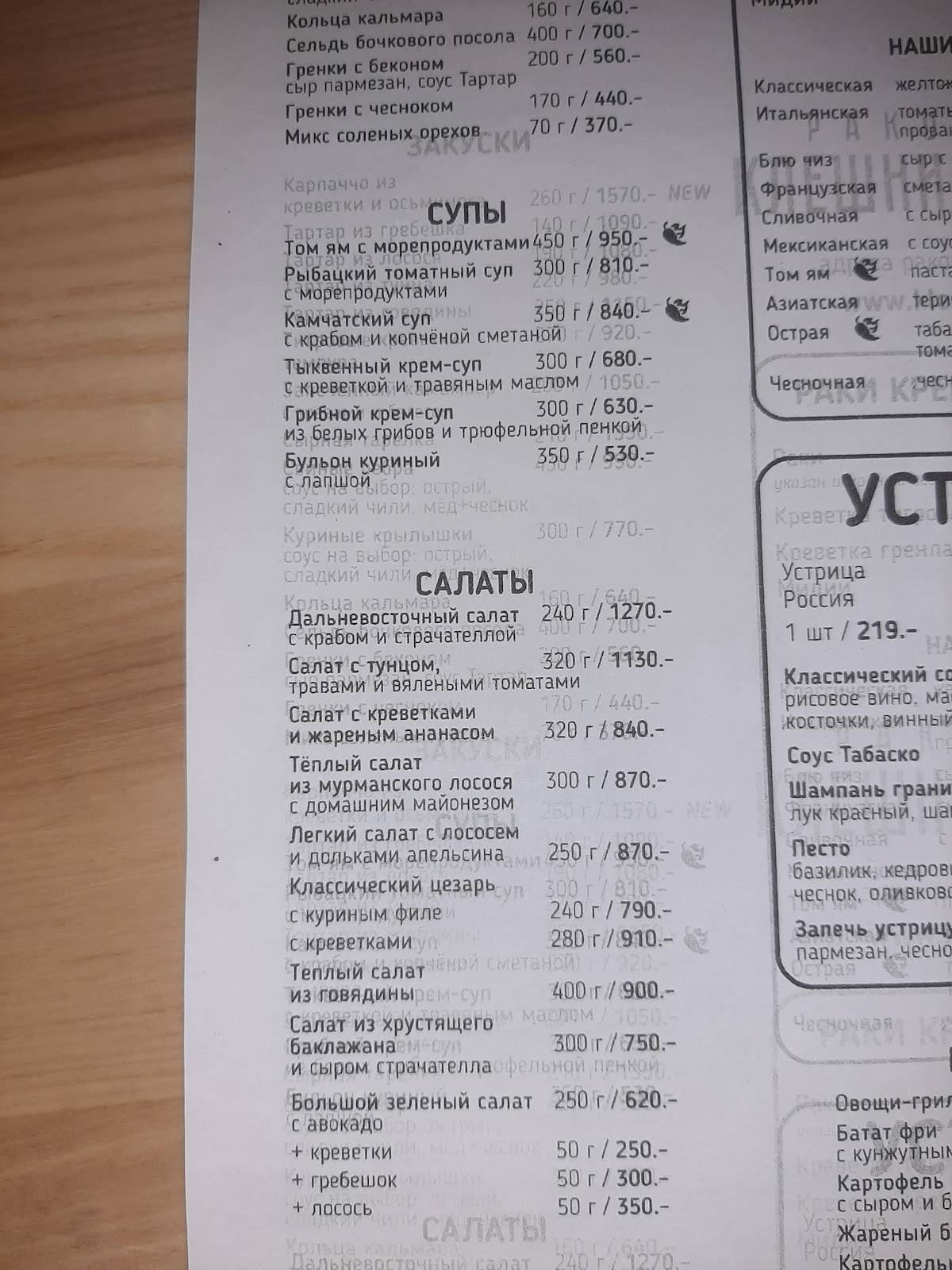 Раковарня Клешни и Хвосты меню
