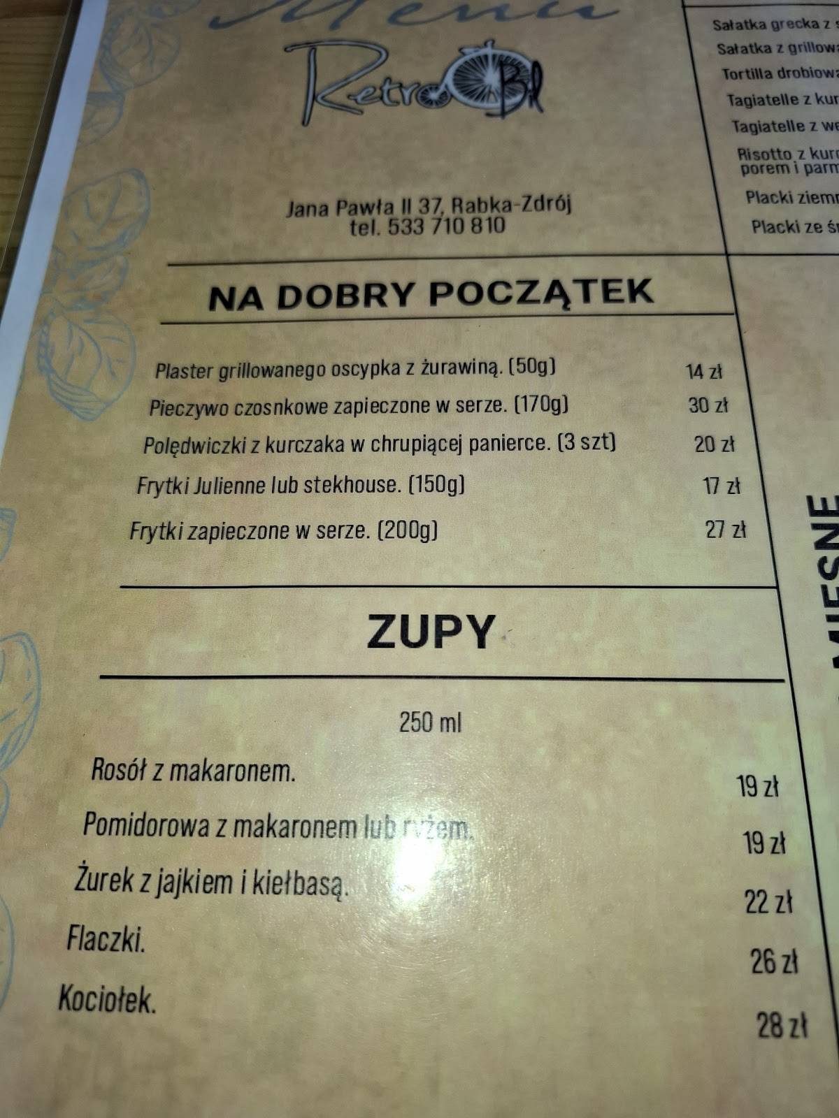 Restauracja Retro Bil меню