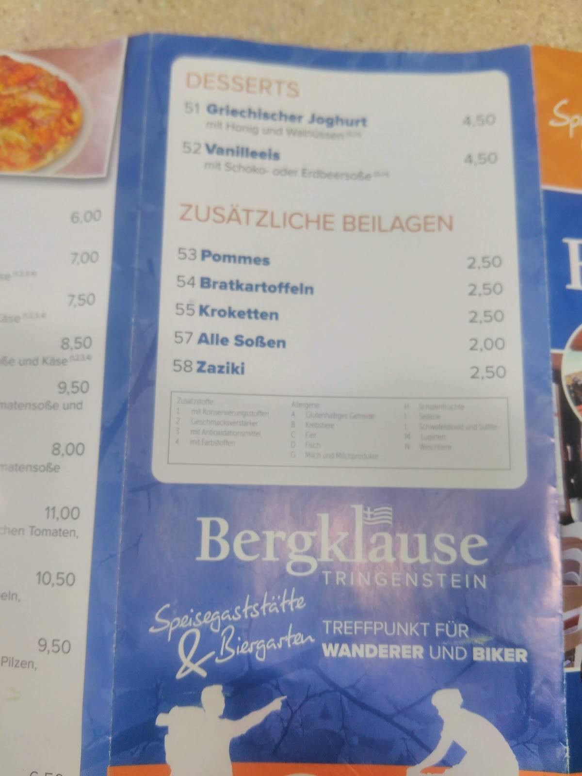 Bergklause меню