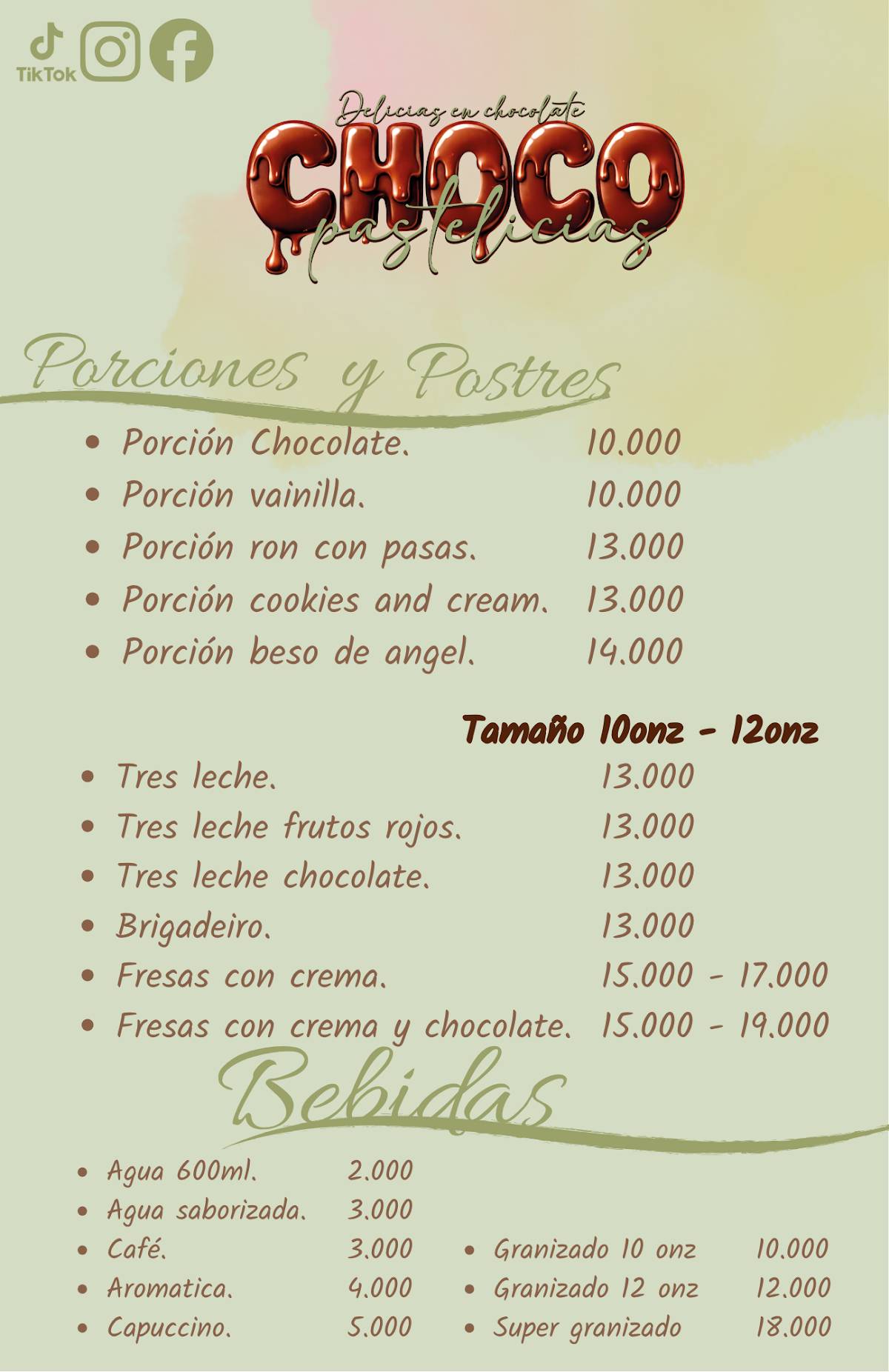 Chocopastelicias меню