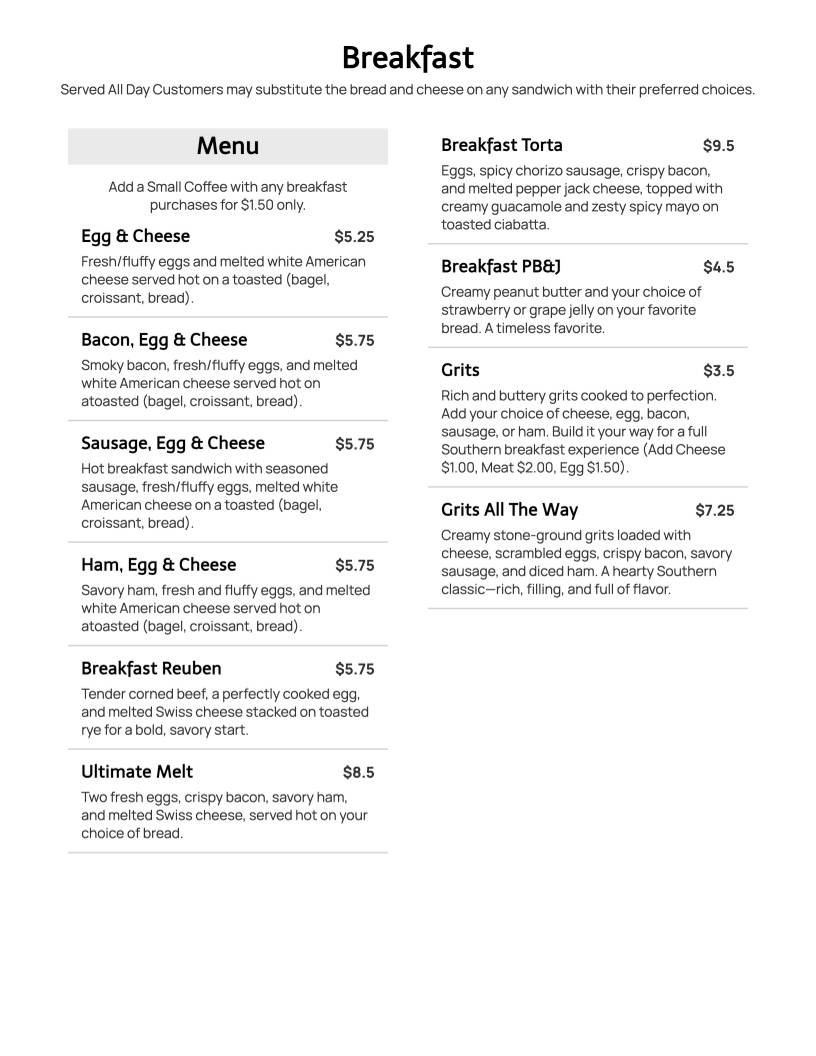 Crema Cafe' Raleigh Downtown меню