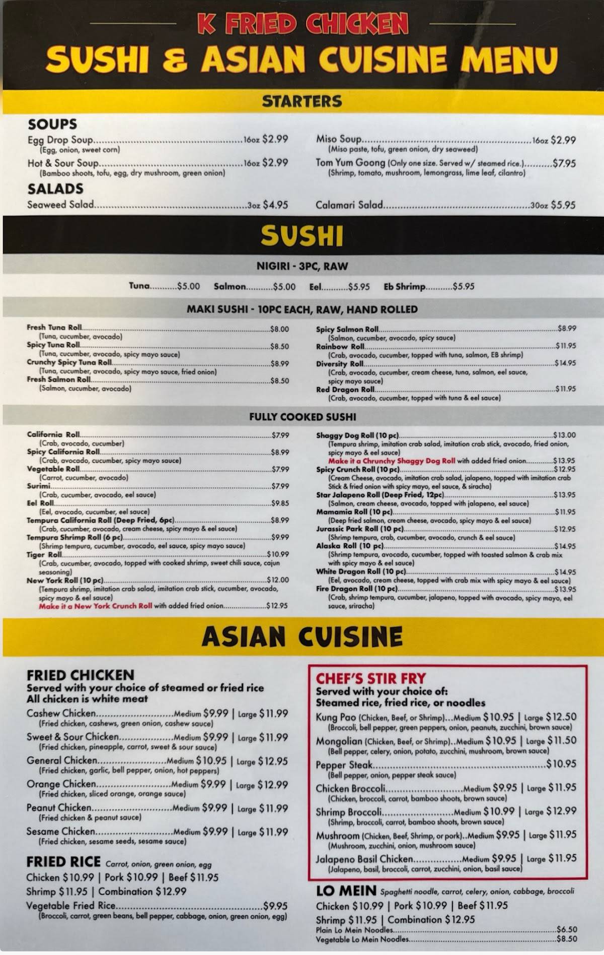 K Fried Chicken & Sushi + Asian Cuisine меню