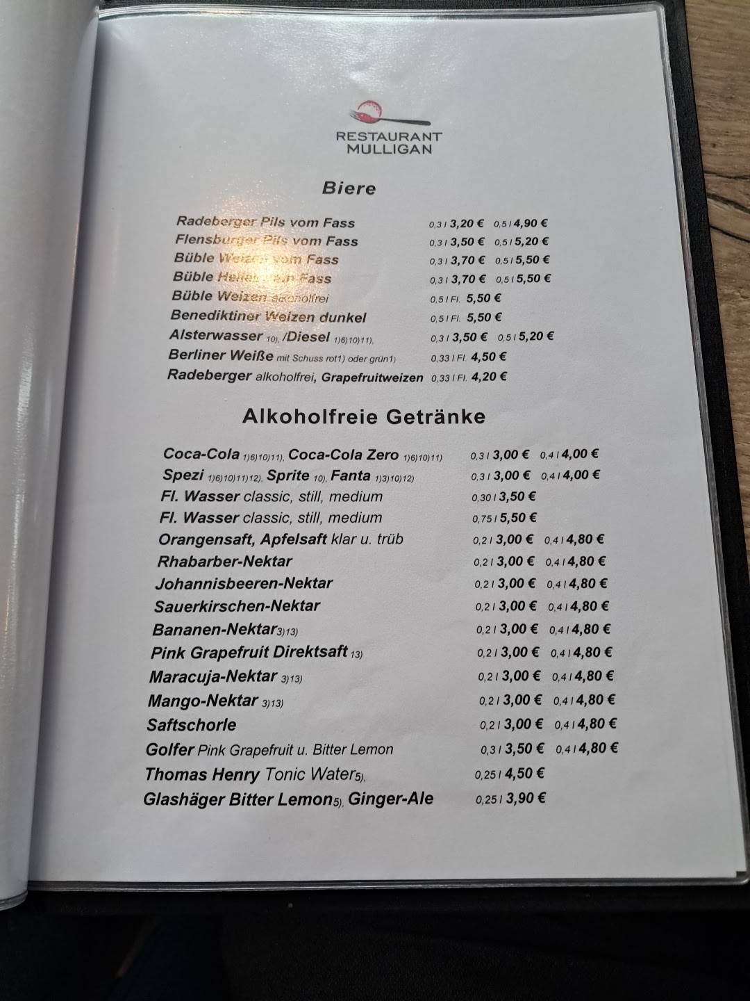 Restaurant Mulligan меню
