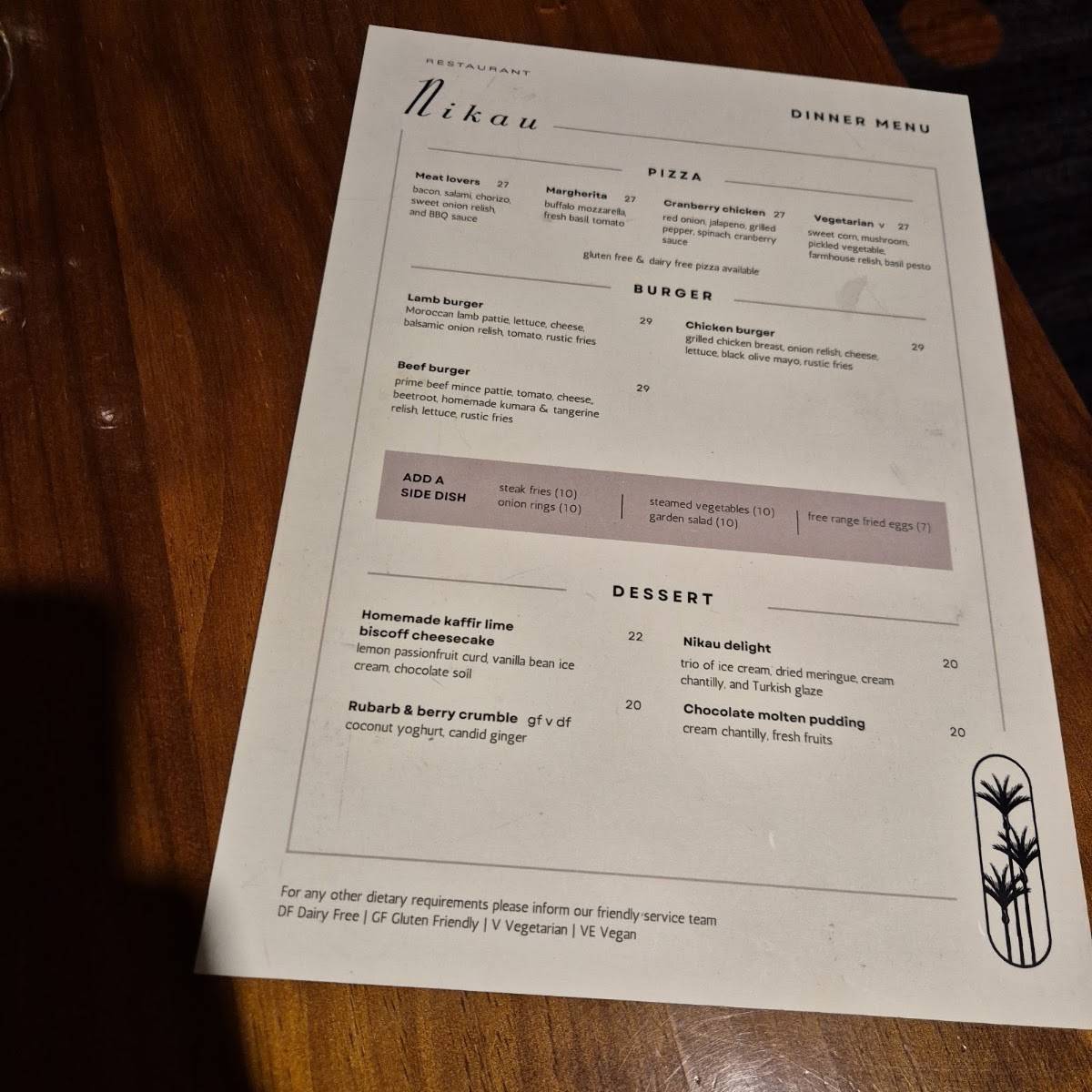 Restaurant Nikau меню