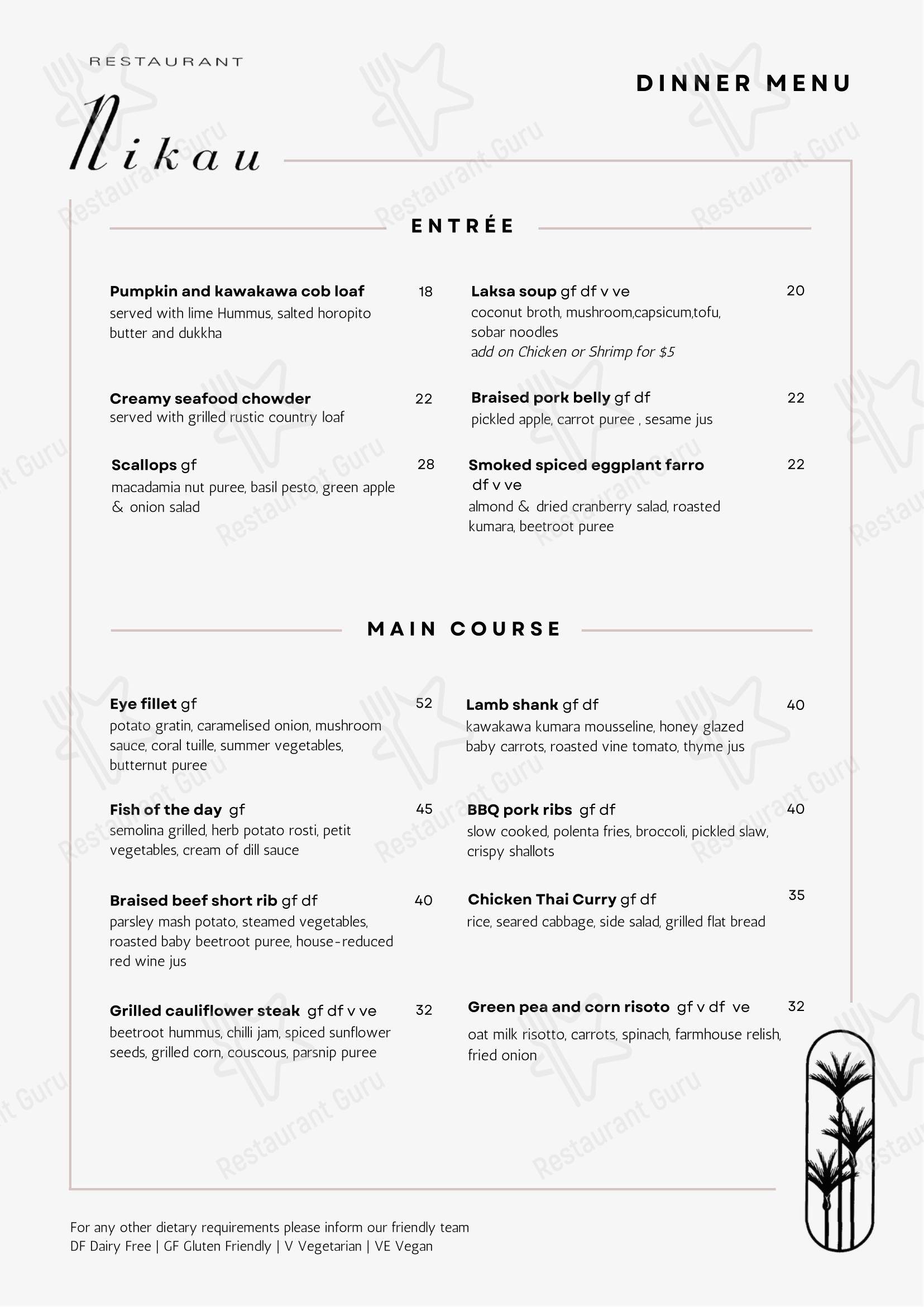 Меню паба и бара Restaurant Nikau - 菜单