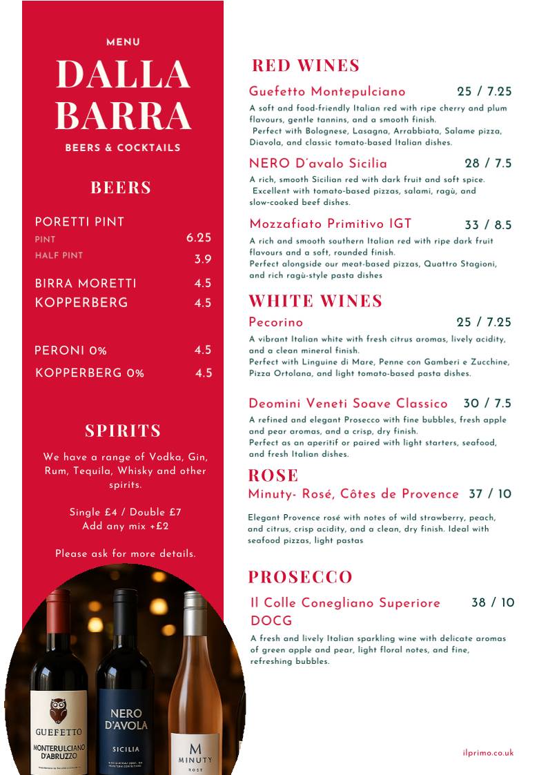 Primo Wood Fired Pizza & Pasta меню
