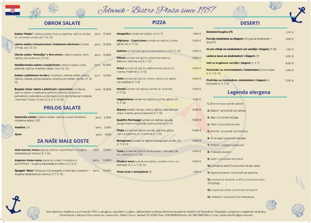 Bistro "Plaža" меню