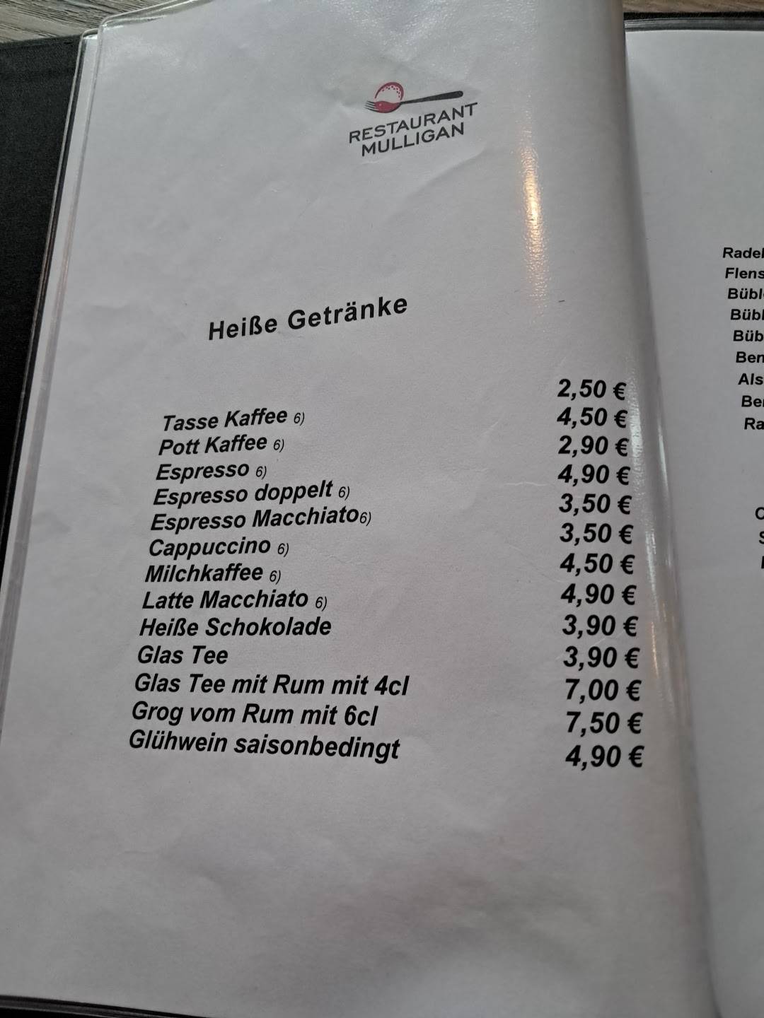 Restaurant Mulligan меню