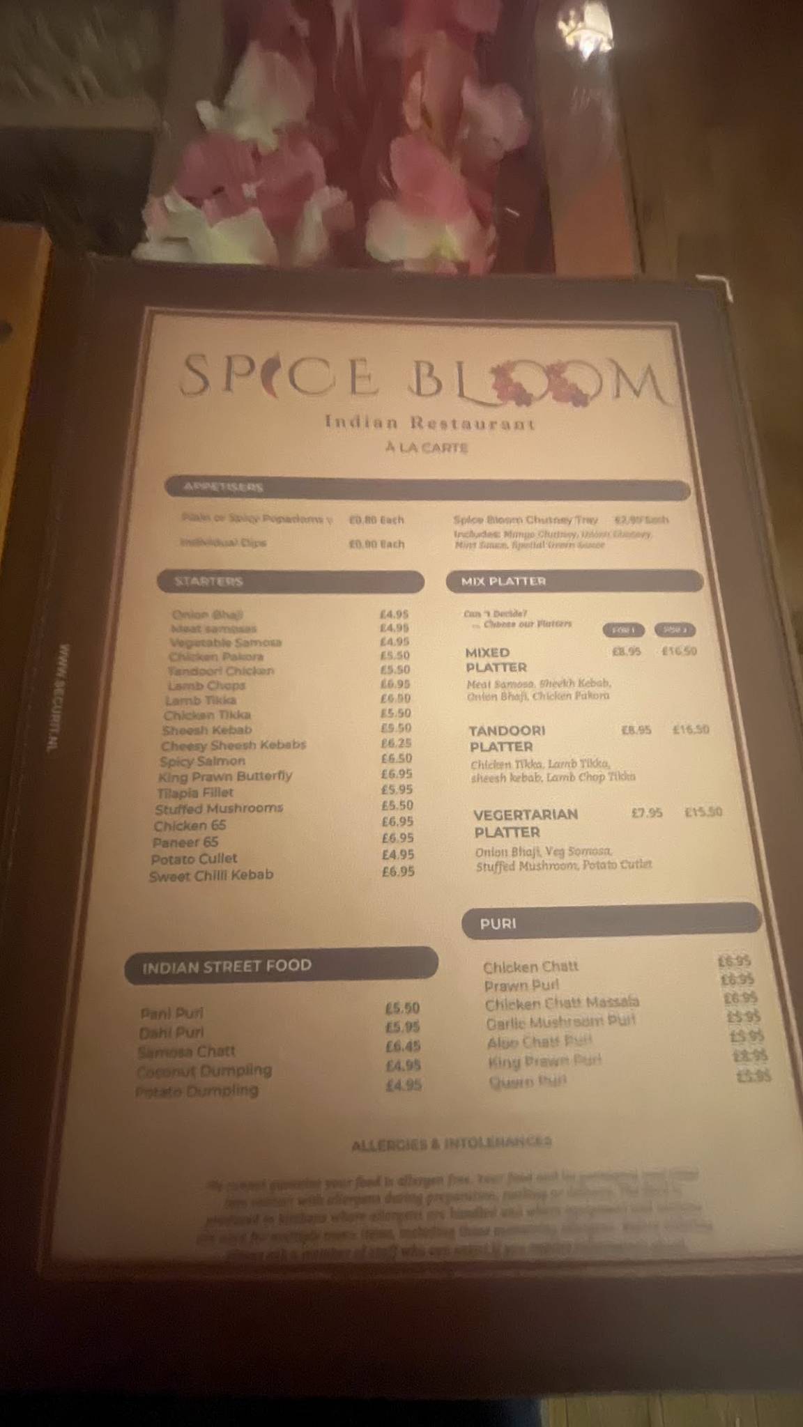 Spice Bloom Indian Restaurant Liverpool меню