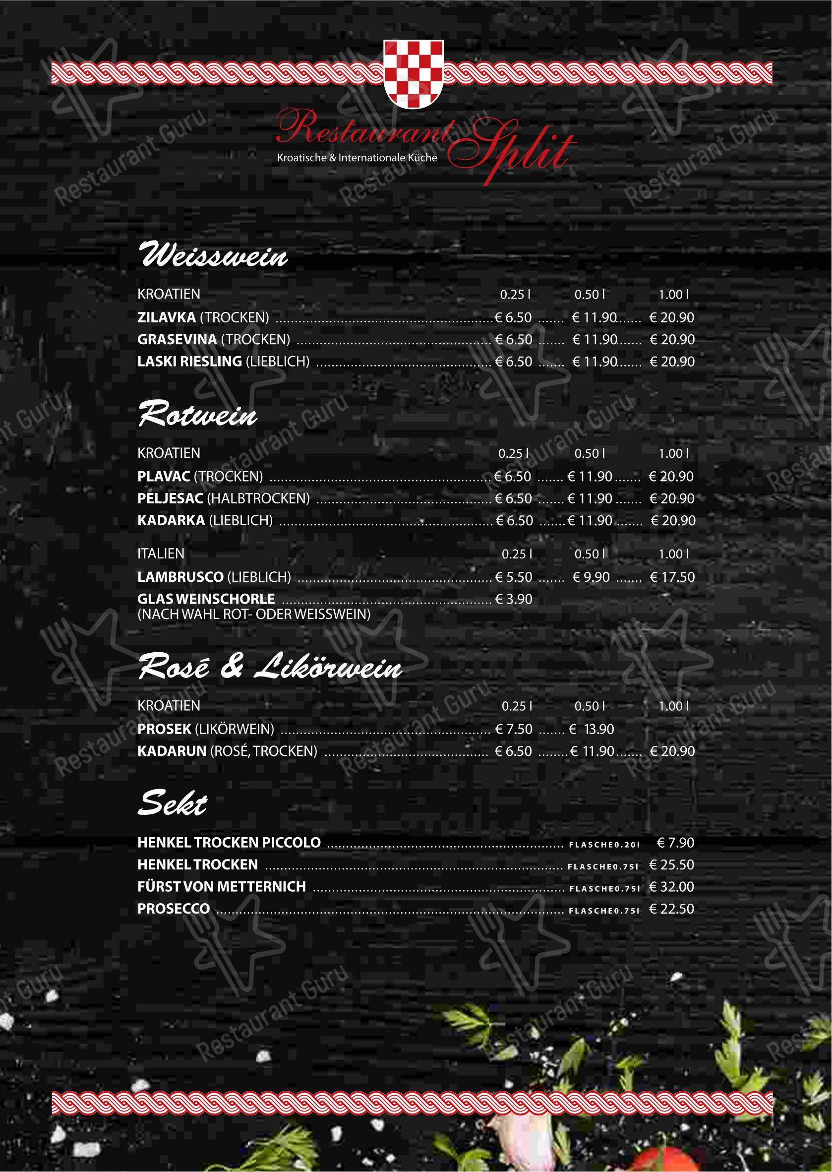 Меню ресторана Restaurant Split in Berlin в Берлине
