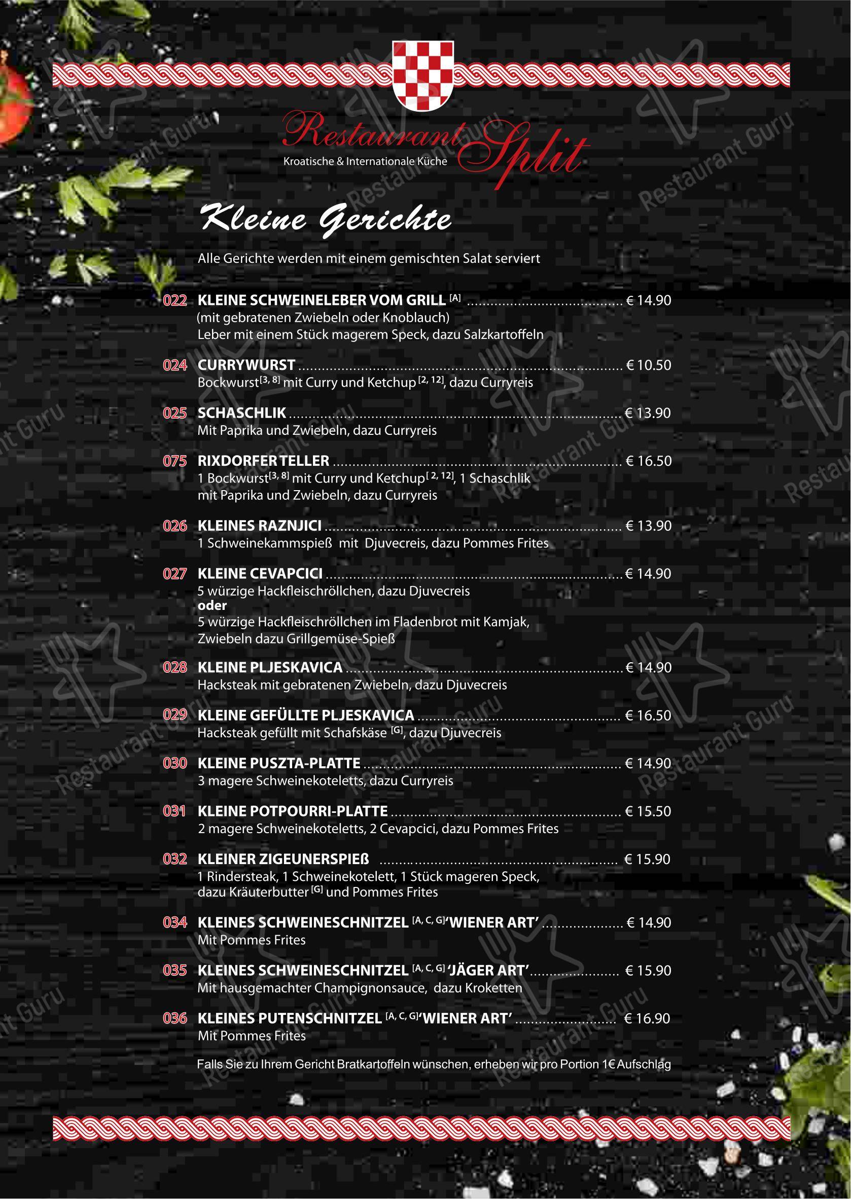 Меню ресторана Restaurant Split in Berlin в Берлине