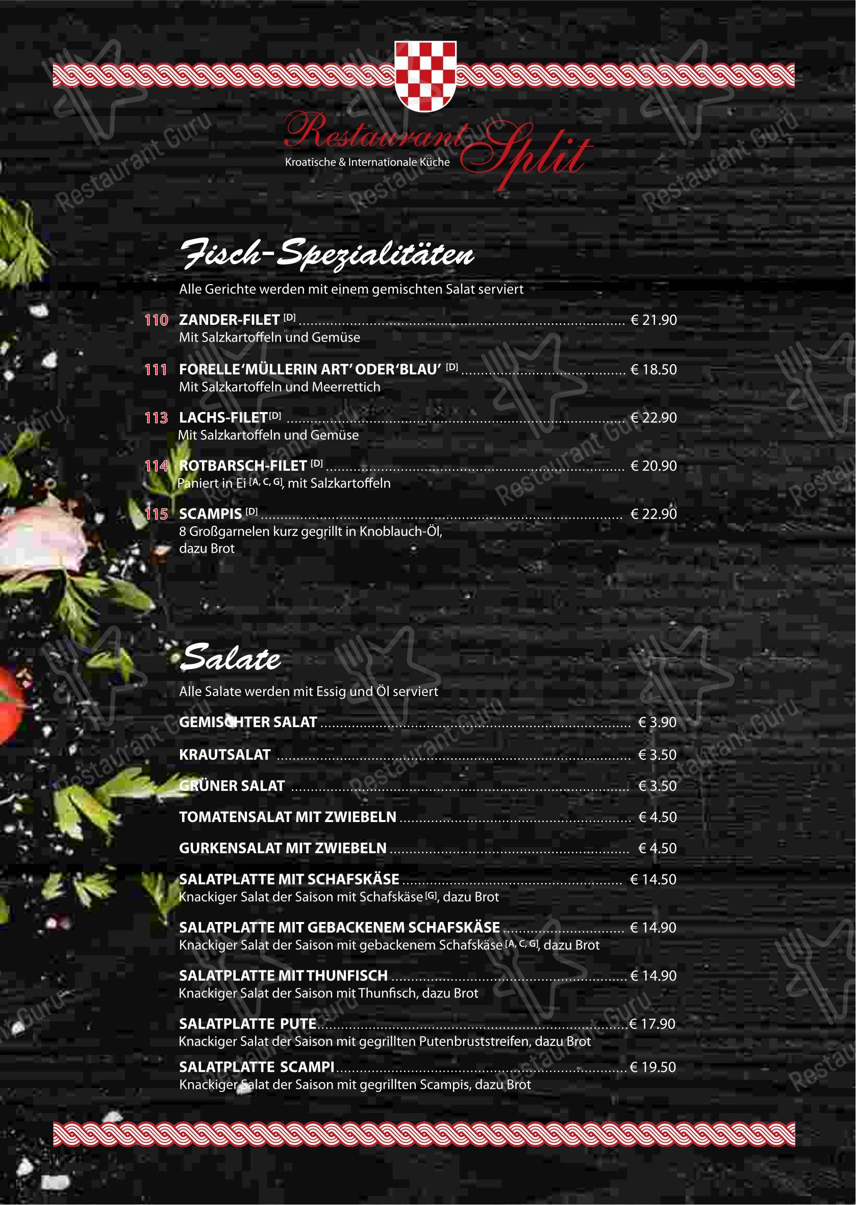 Меню ресторана Restaurant Split in Berlin