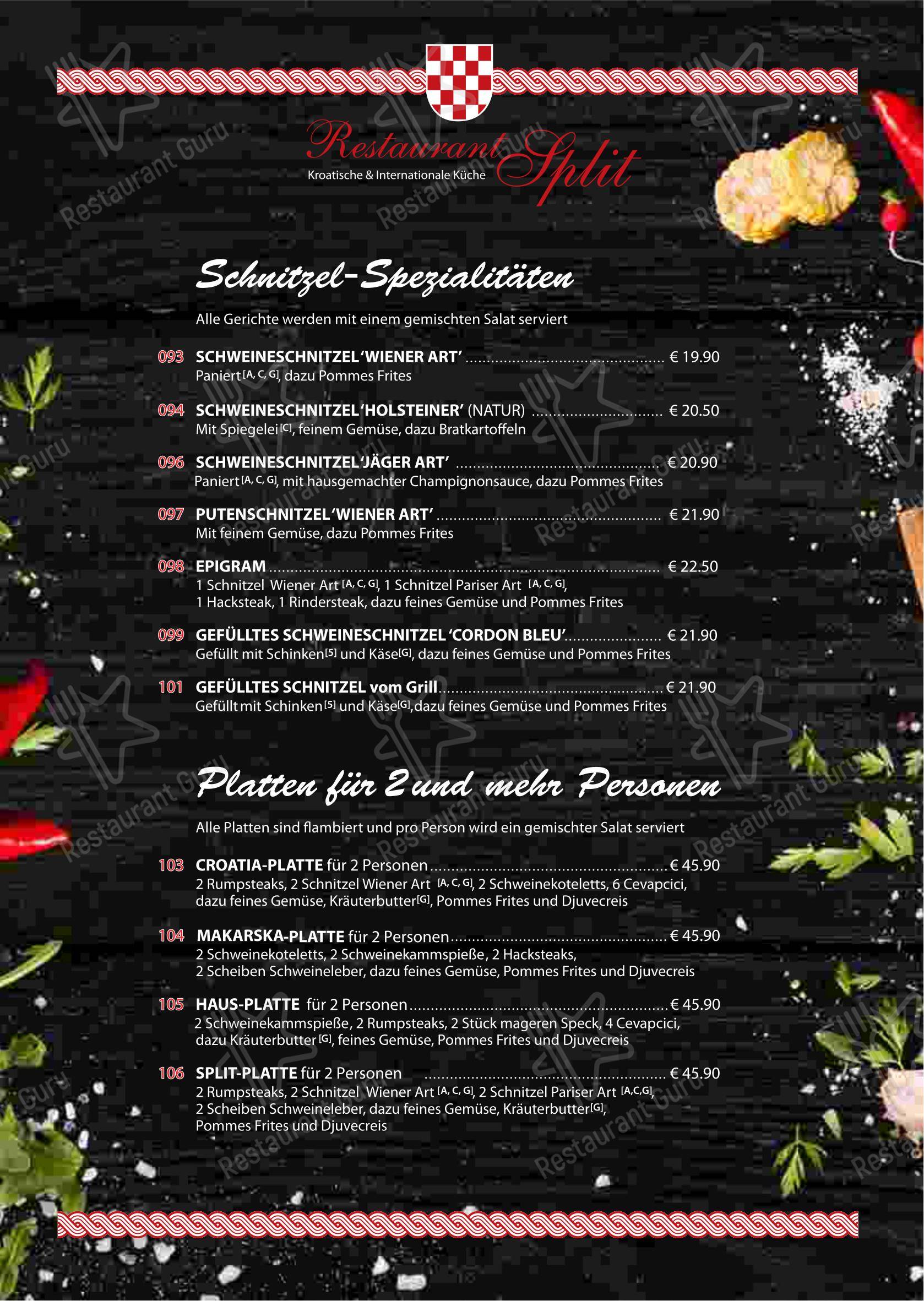 Меню ресторана Restaurant Split in Berlin в Берлине
