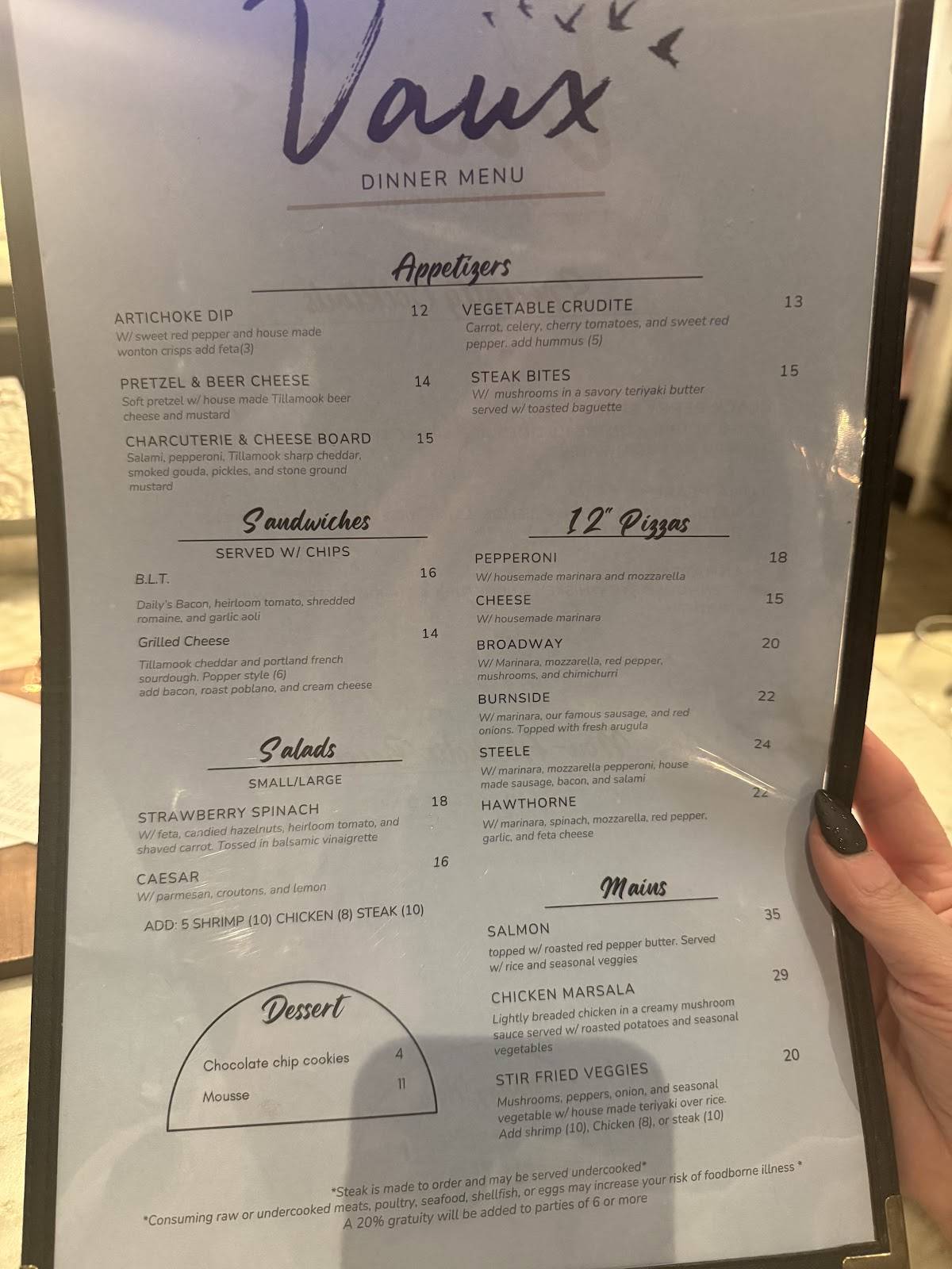 Vaux Bar and Restaurant меню