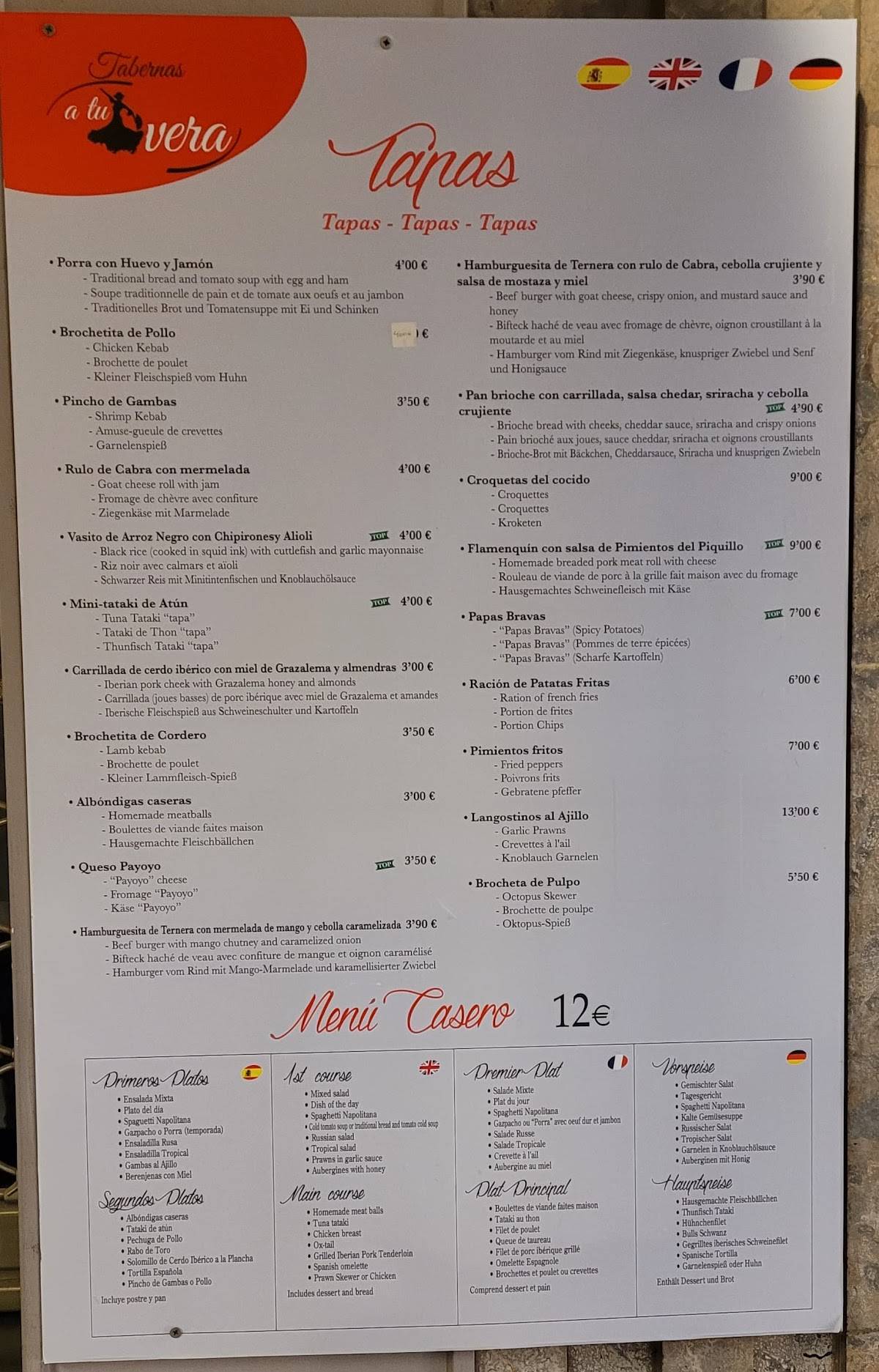 Restaurante A tu Vera меню