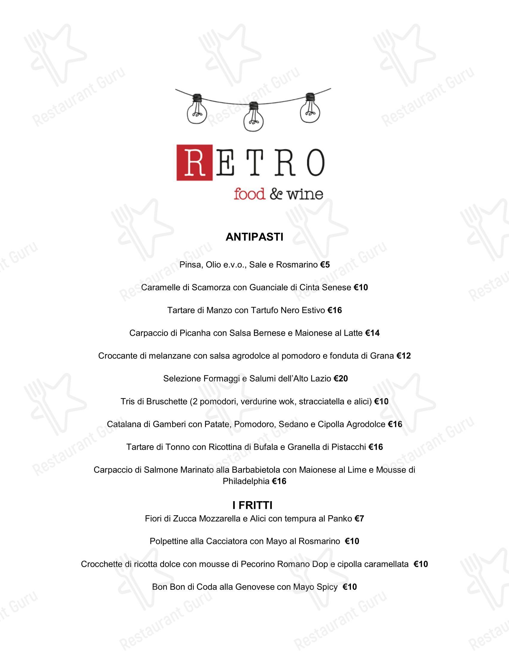 Меню пиццерии Retro Food & Wine в Риме