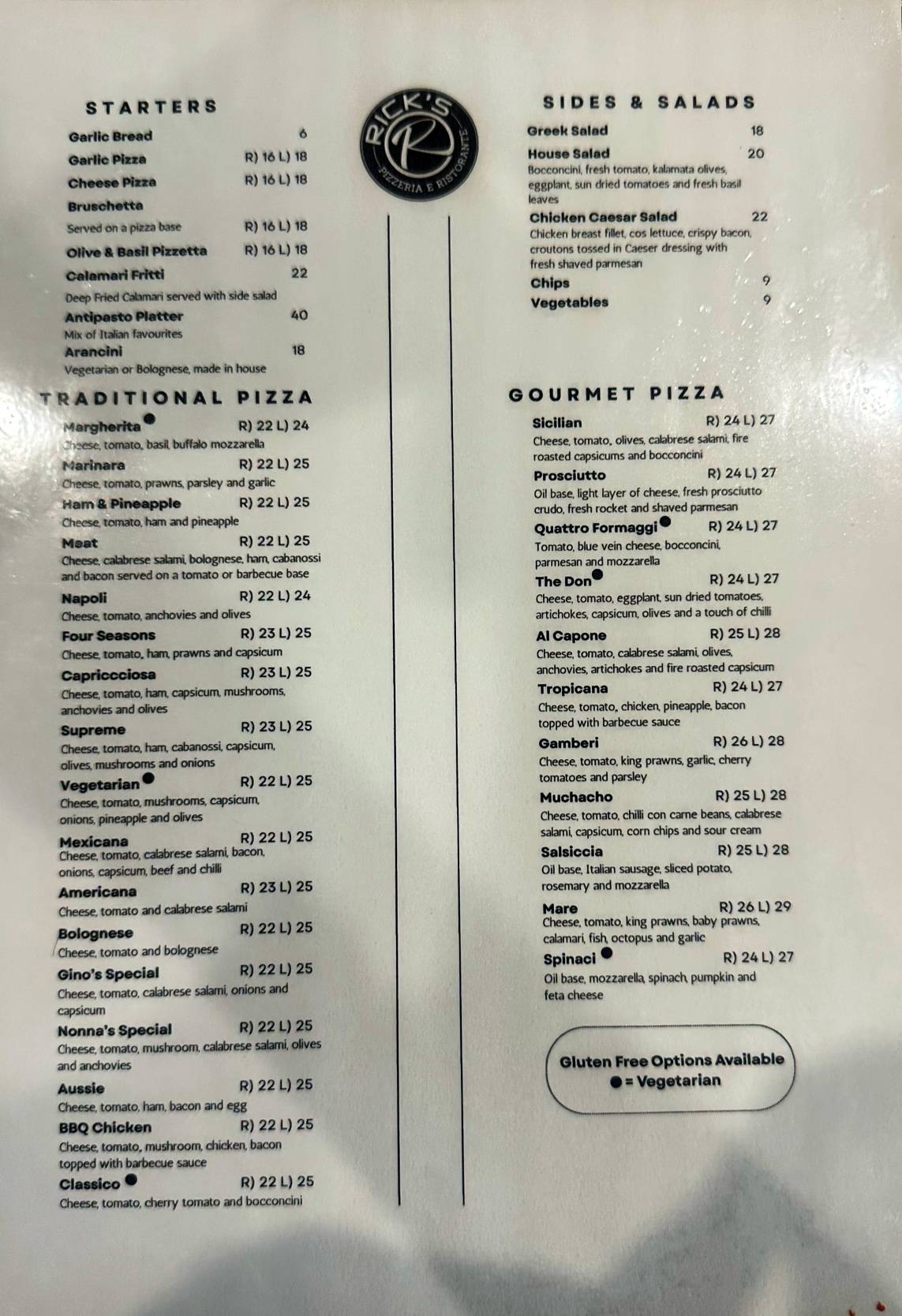 Ricks Pizzeria e Ristorante меню