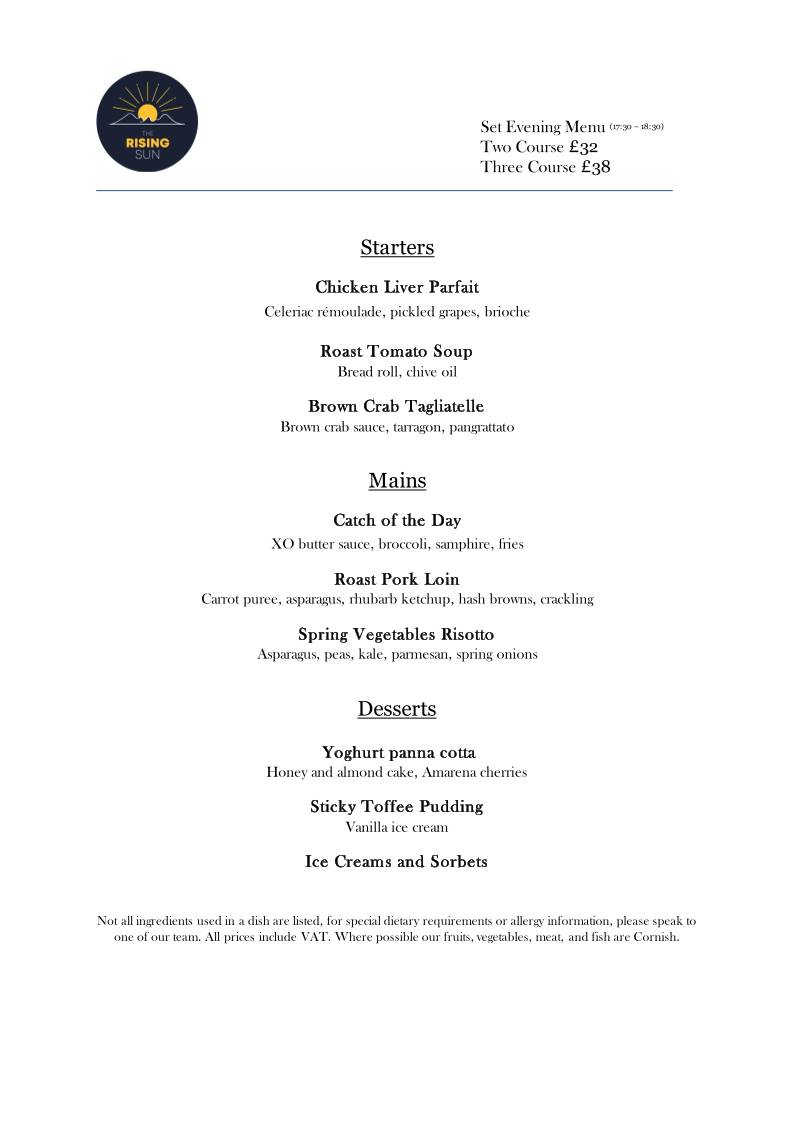 Rising Sun Inn Launceston меню