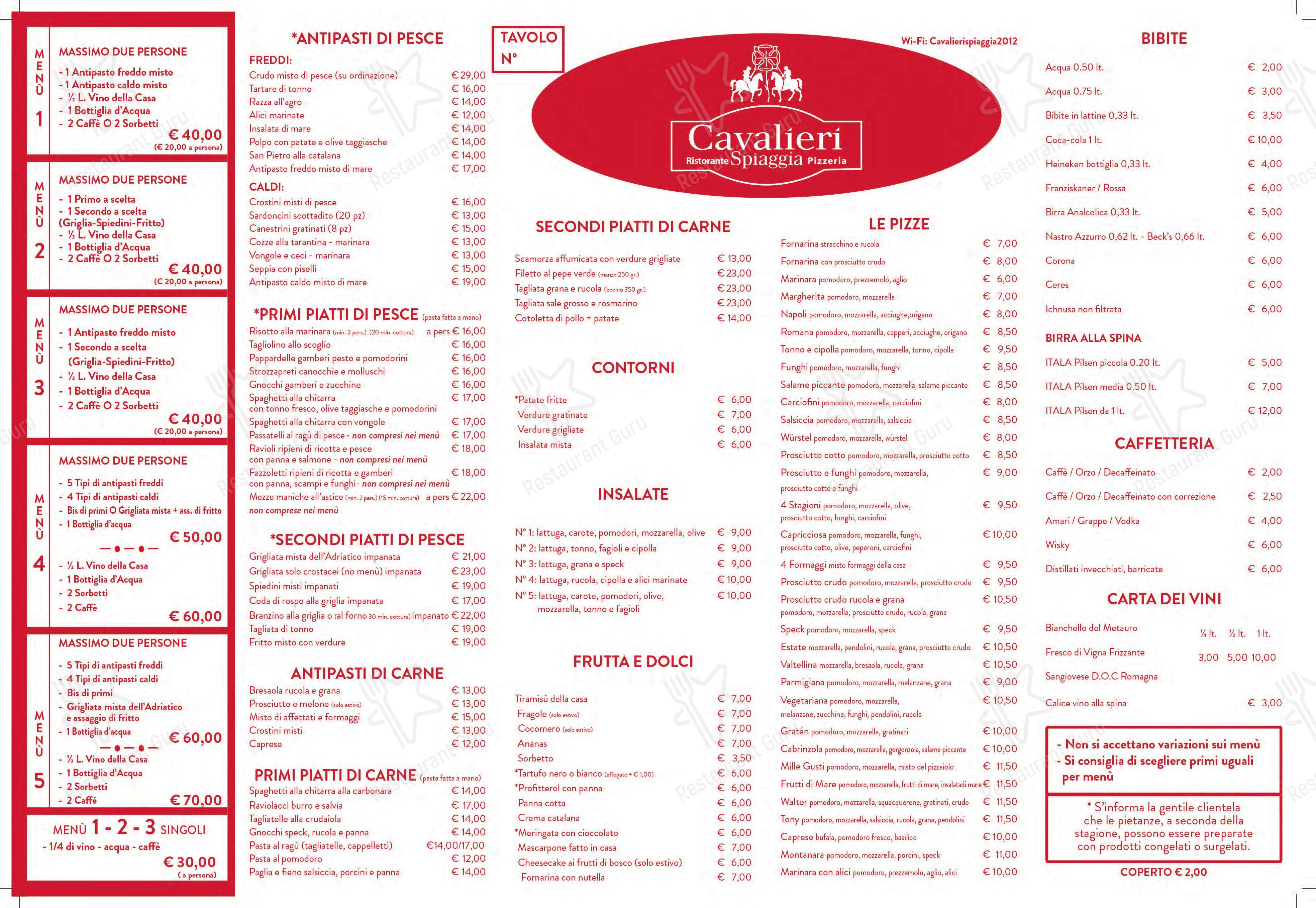 Меню ресторана Ristorante Pizzeria Cavalieri Spiaggia - Меню