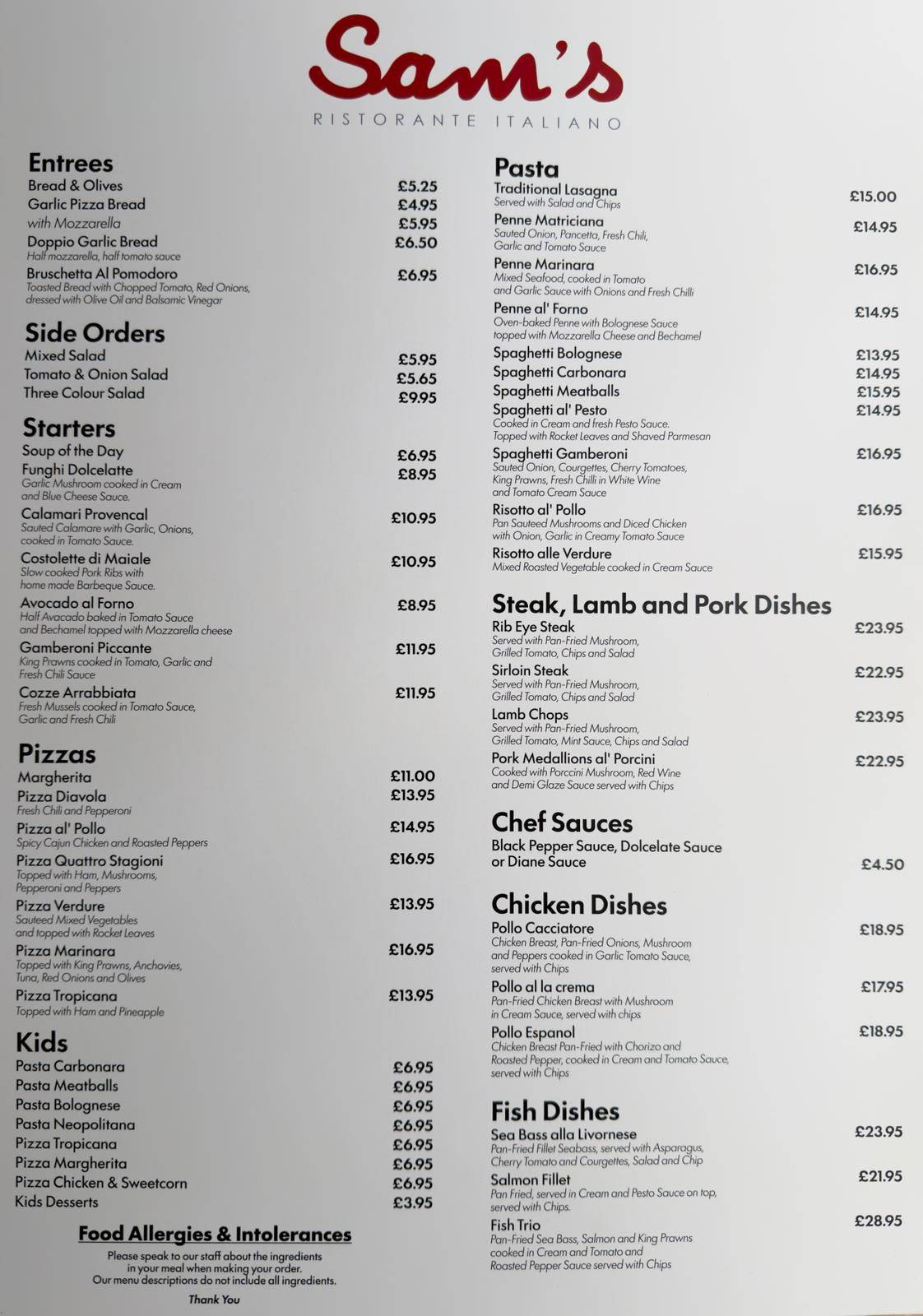 Sam's Ristorante Italiano меню