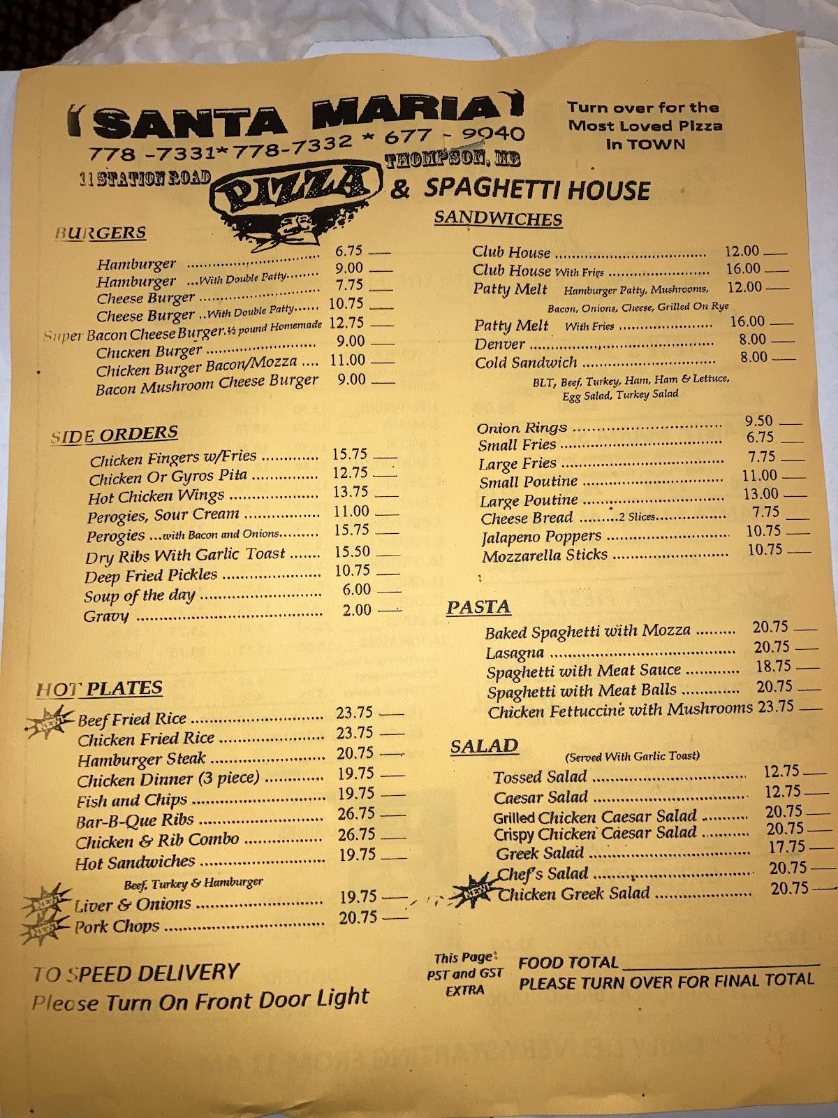 Santa Maria Pizza & Spaghetti House меню