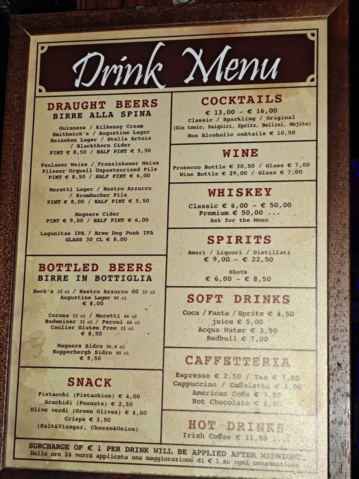 Scholars Lounge Irish Pub меню