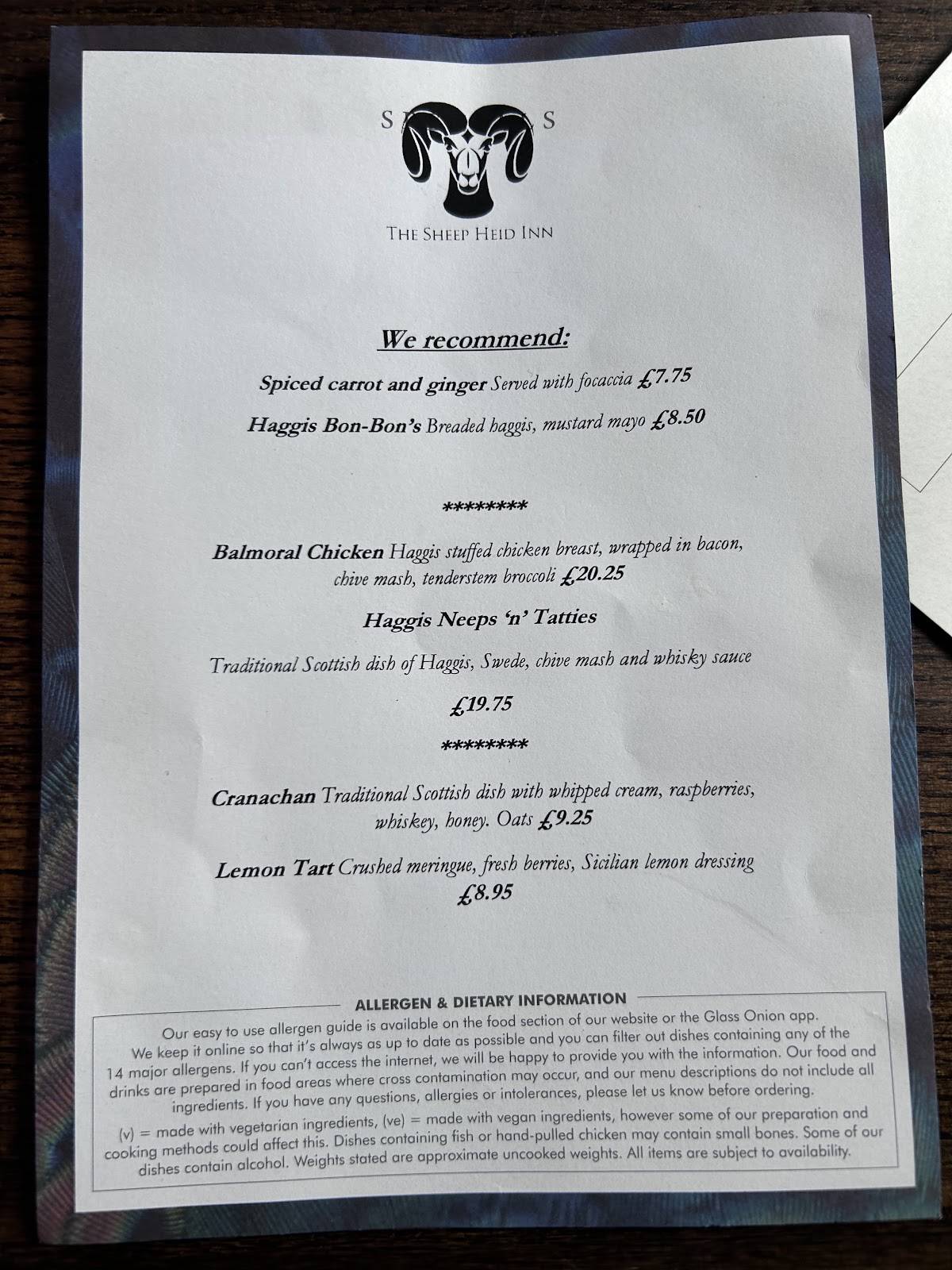 Sheep Heid Inn Edinburgh меню