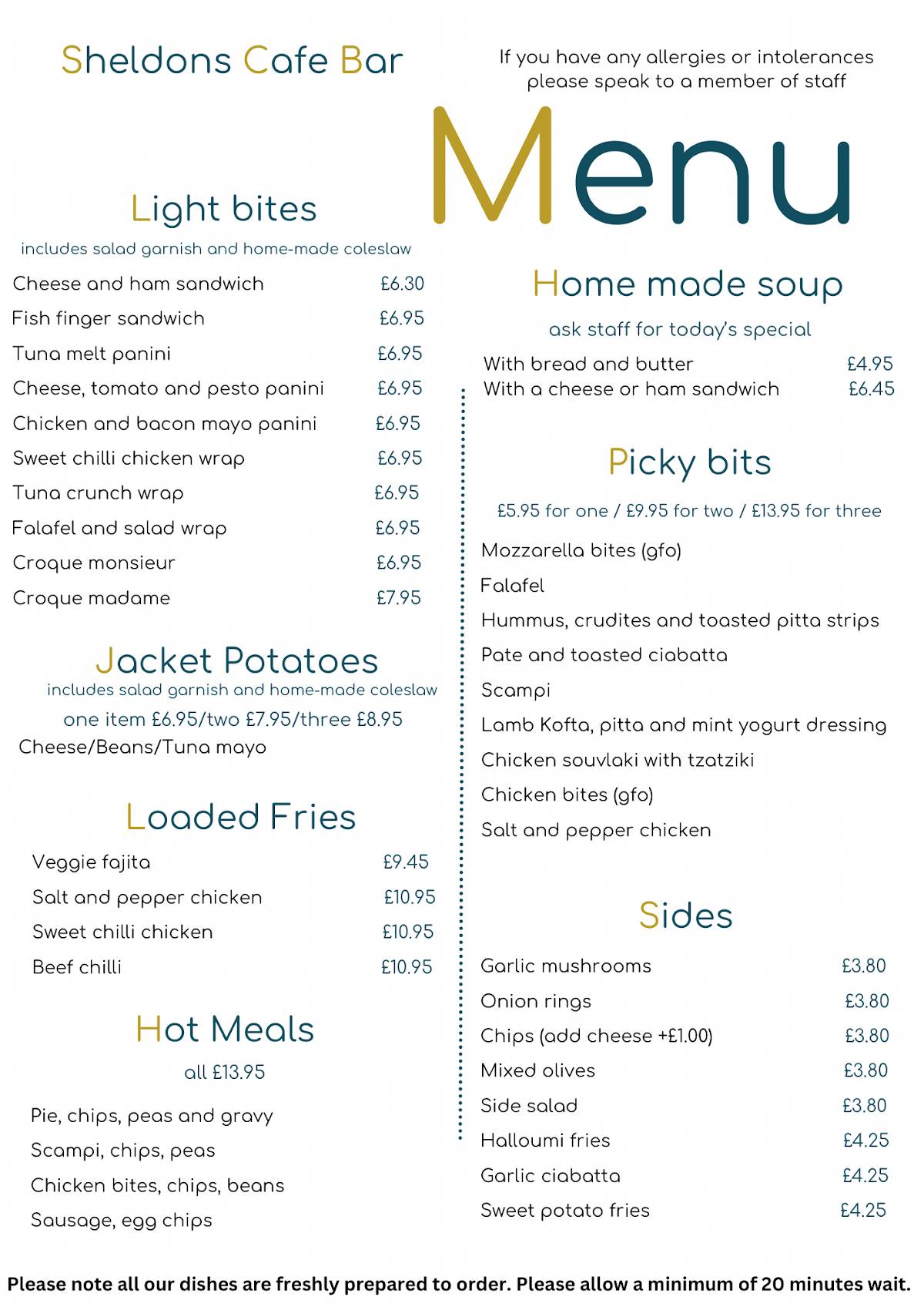 Sheldons Cafe Bar меню