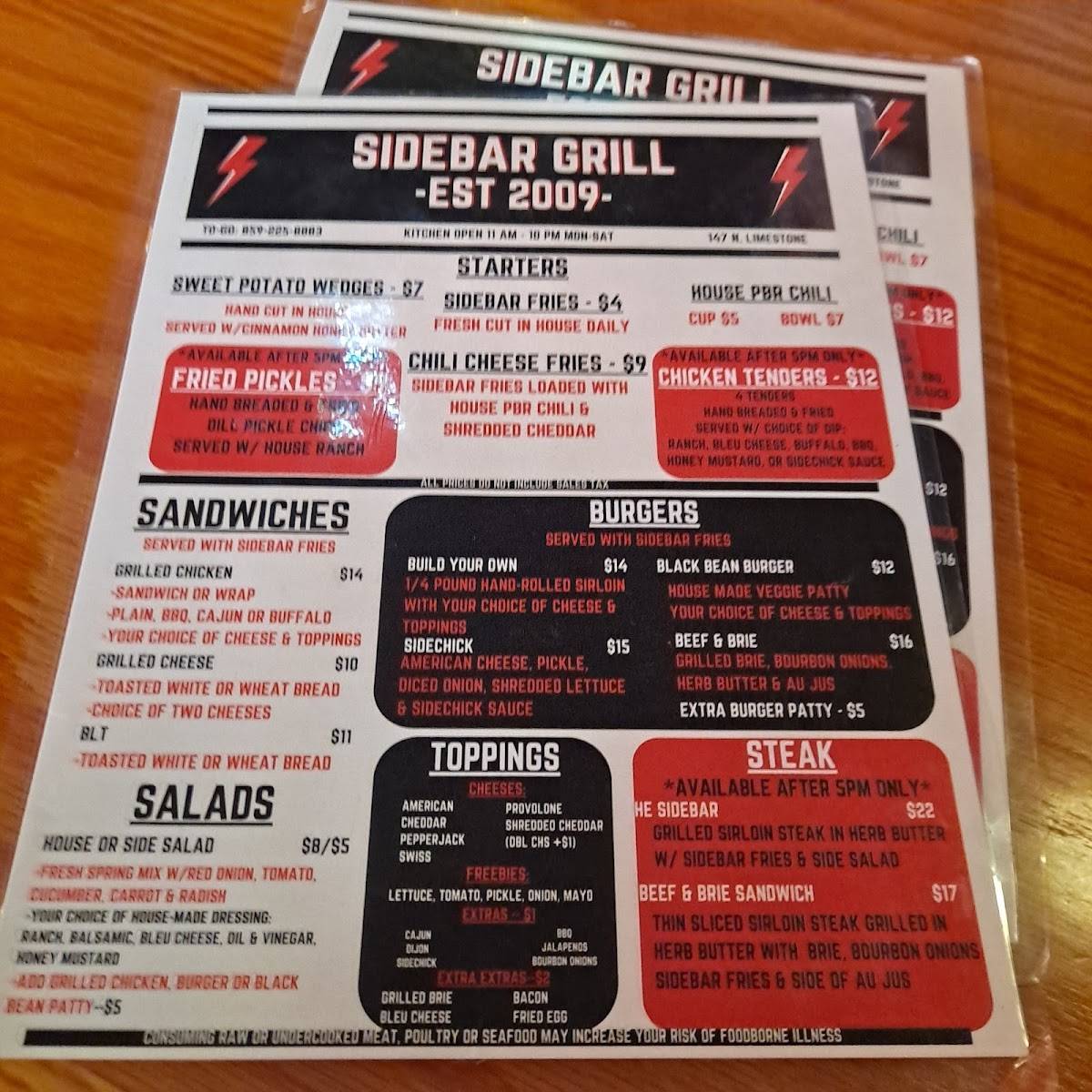 Sidebar Grill меню