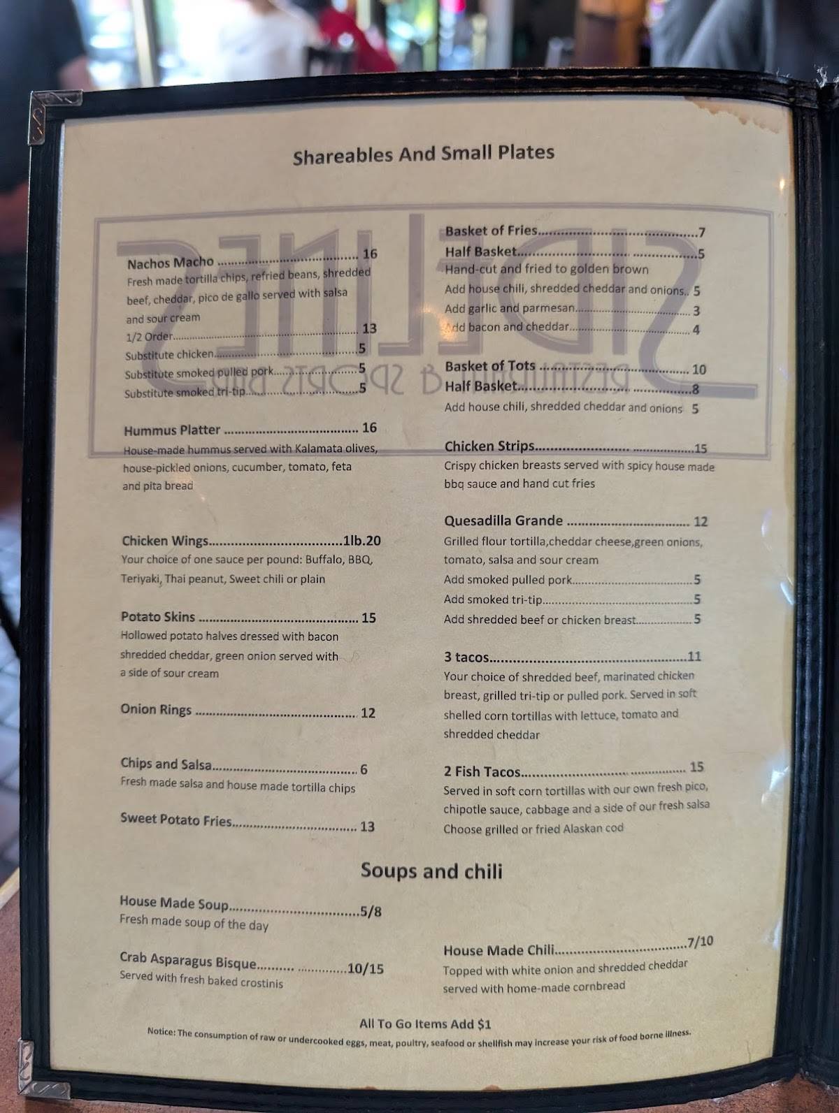 Sidelines Restaurant & Sports Bar меню