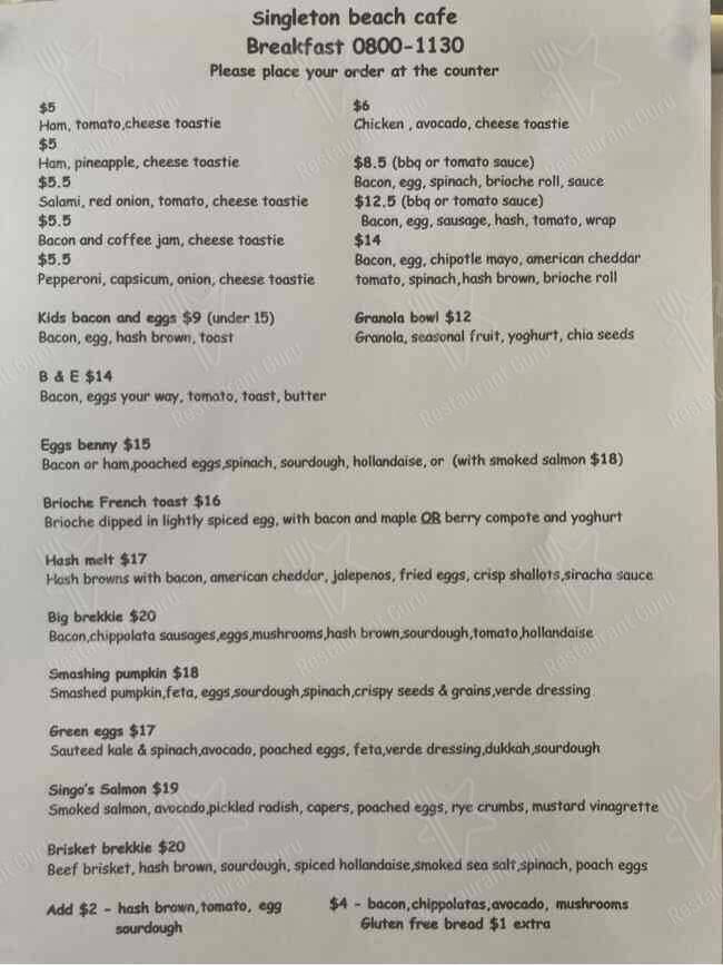 Singleton Beach Cafe меню