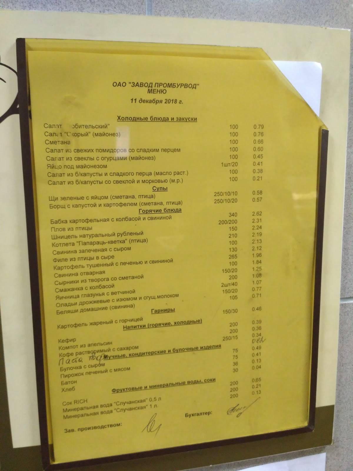 Столовая ОАО Завод Промбурвод меню