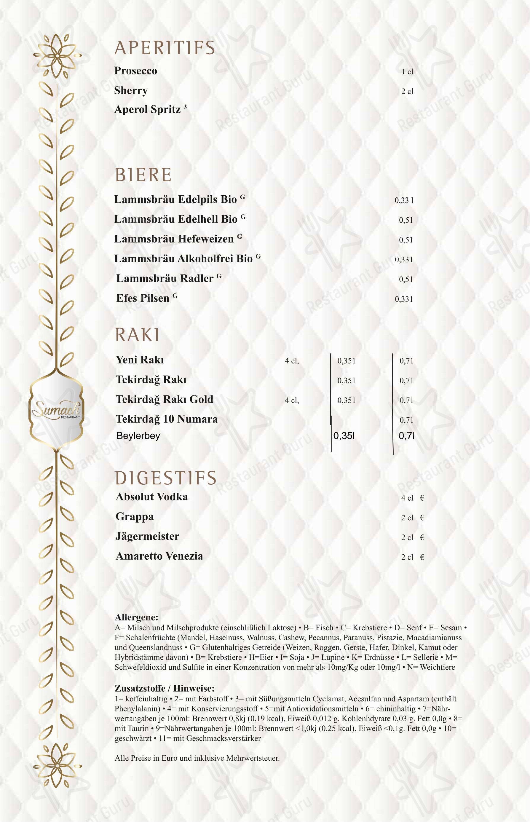 Меню ресторана Sumach Restaurant в Нюрнберге
