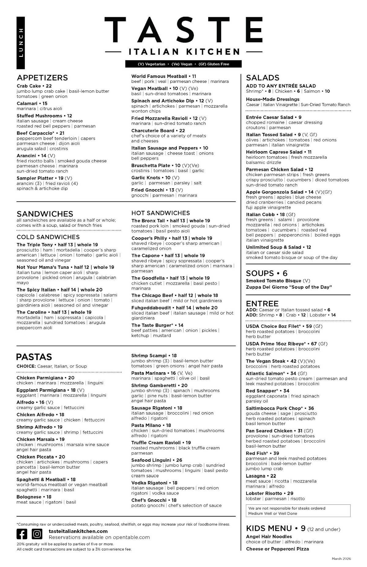 Taste Italian Kitchen меню