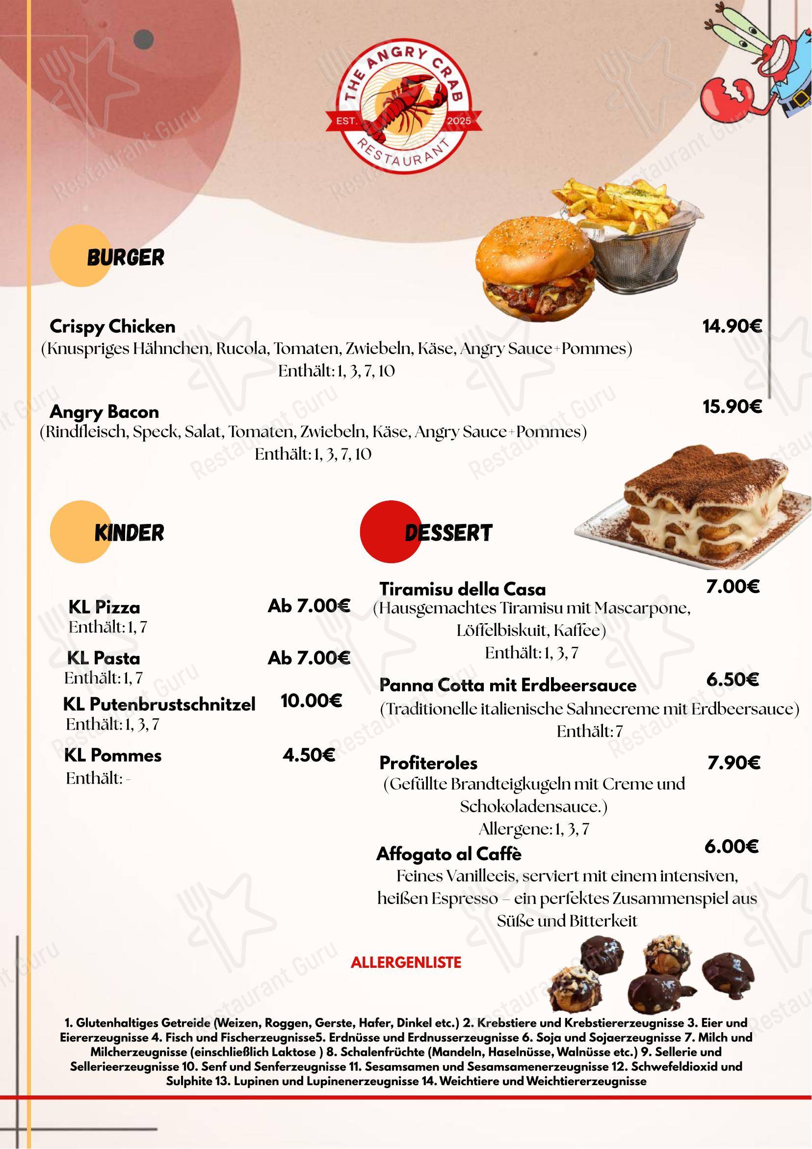 Меню ресторана The Angry Crab Restaurant в Нойбурге-на-Инне