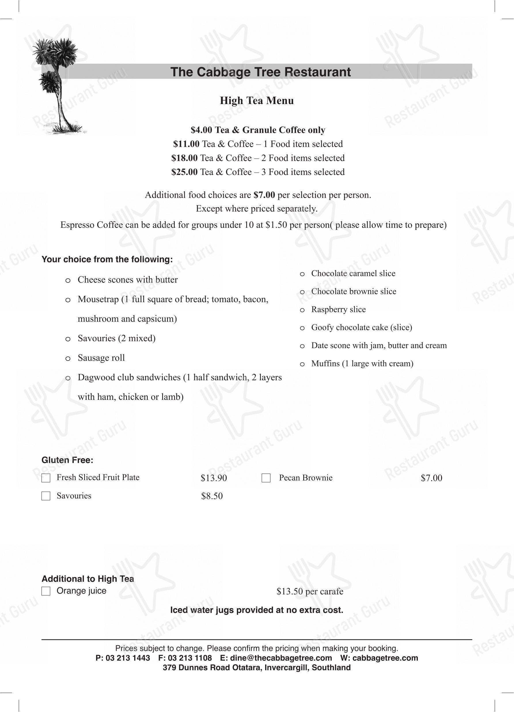 Меню ресторана The Cabbage Tree Restaurant - Lunch Menu