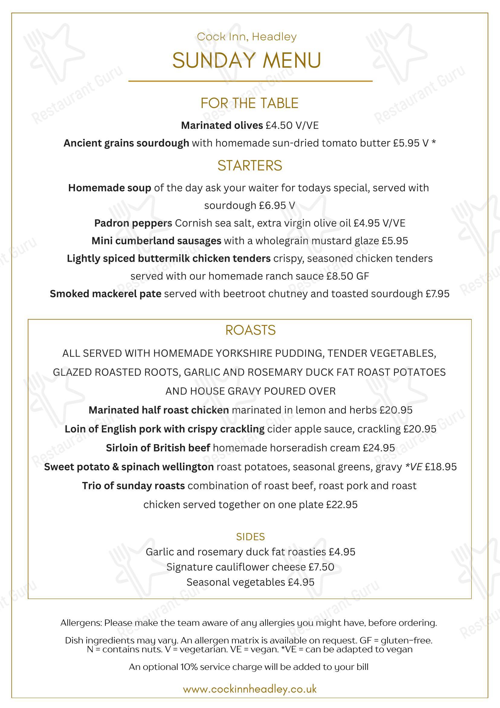 Меню паба и бара The Cock Inn - Dinner Menu