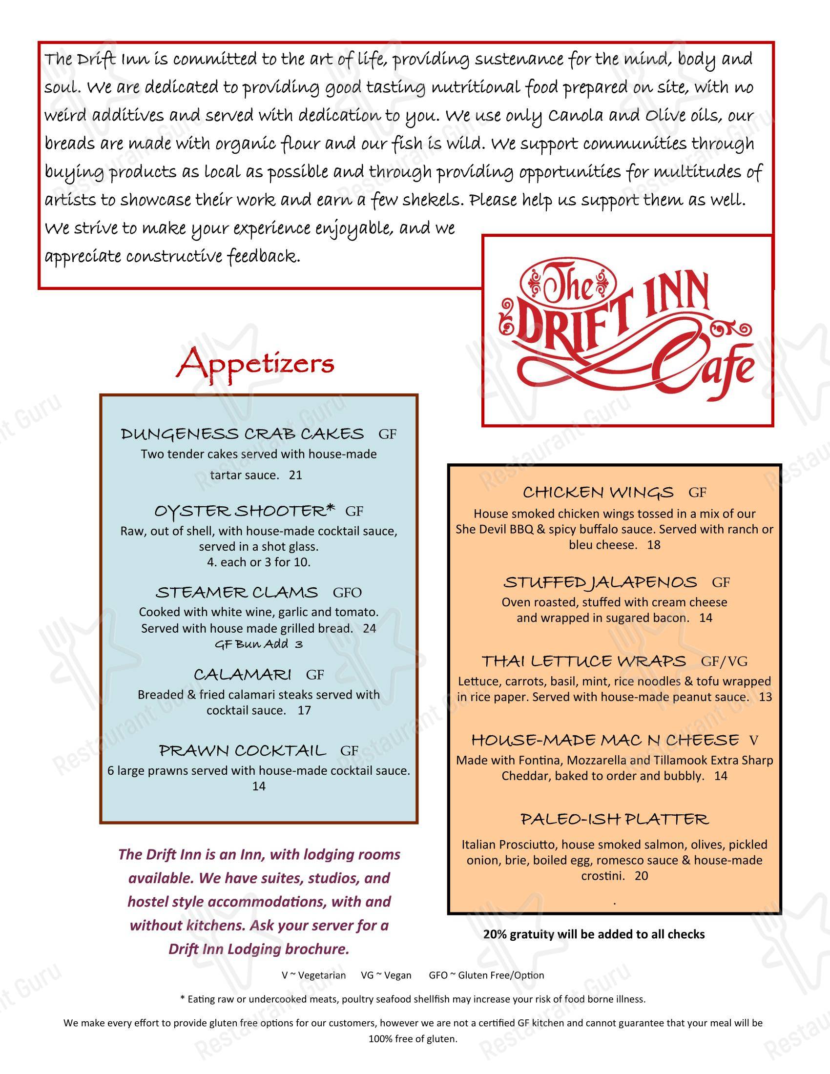 Меню для посетителей ресторана The Drift Inn Hotel and Restaurant