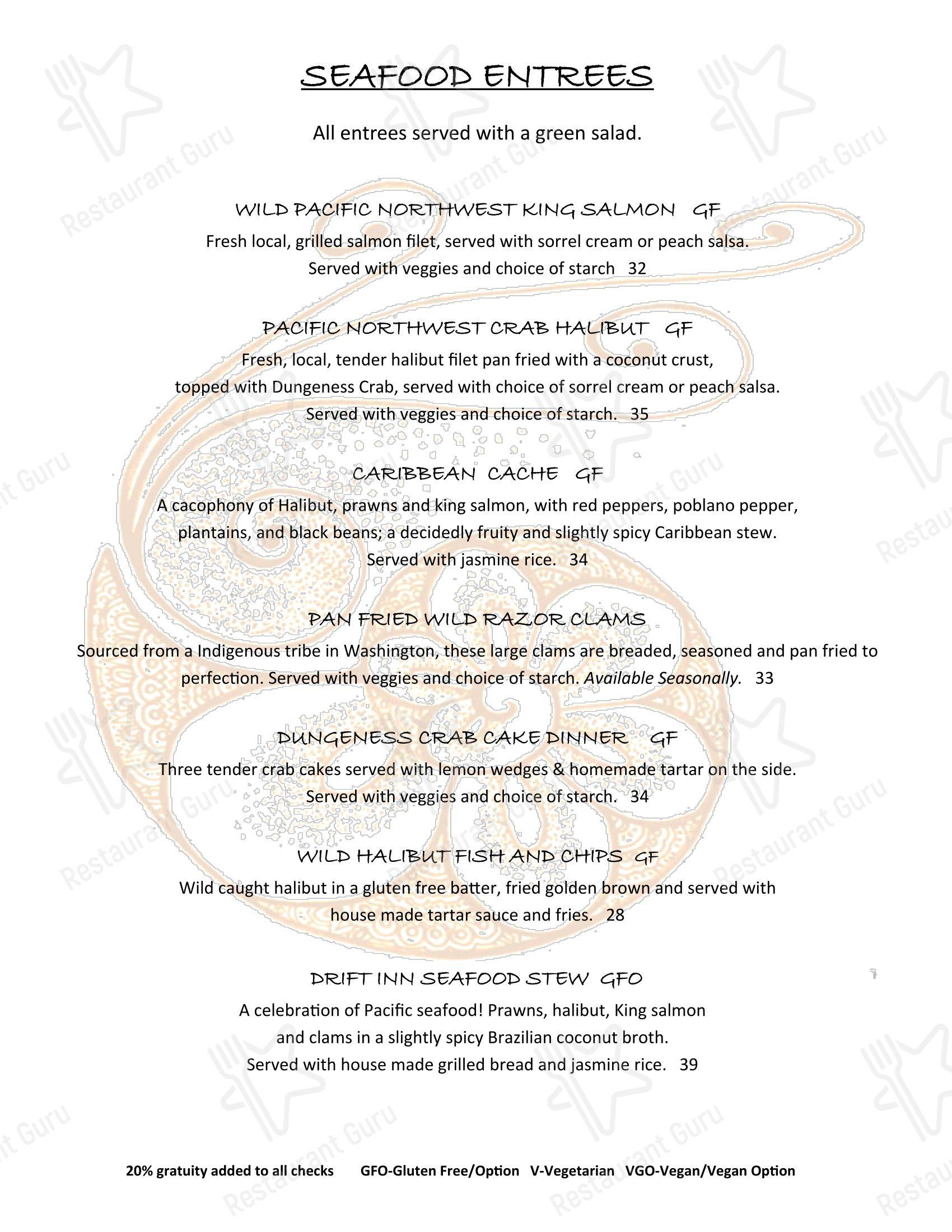 Меню The Drift Inn Hotel and Restaurant - блюда и напитки