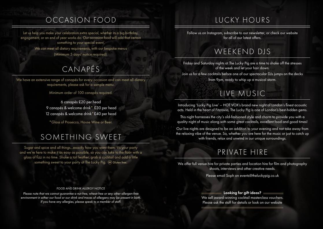 The Lucky Pig Cocktail Bar меню