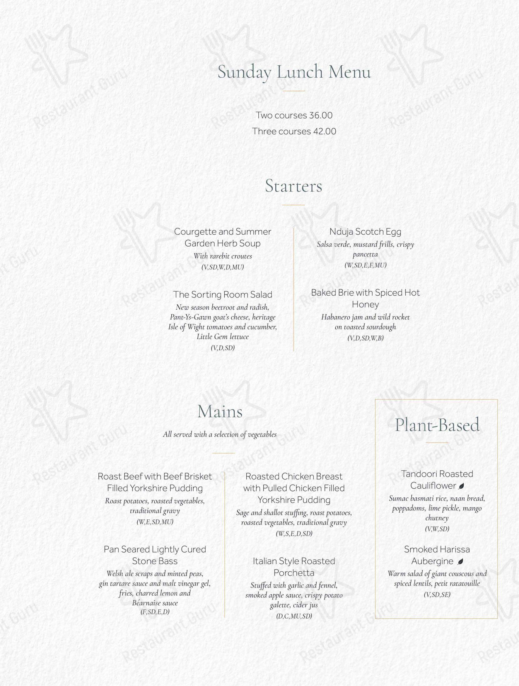 Bar menu ресторана The Sorting Room Restaurant