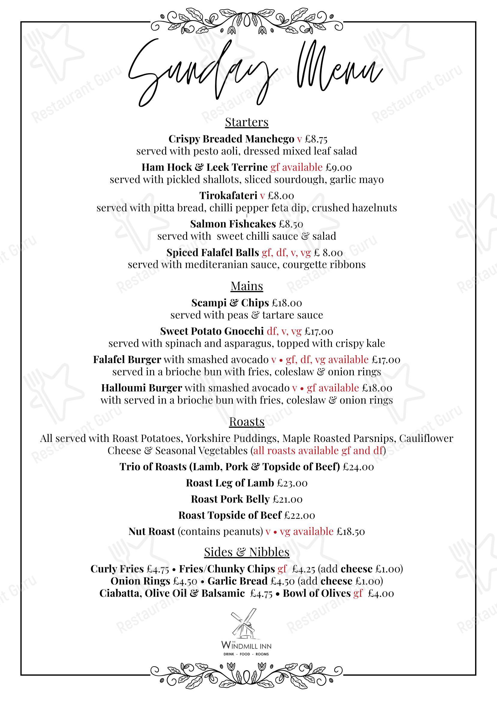 Меню паба и бара The Windmill Inn - Lunch Menu