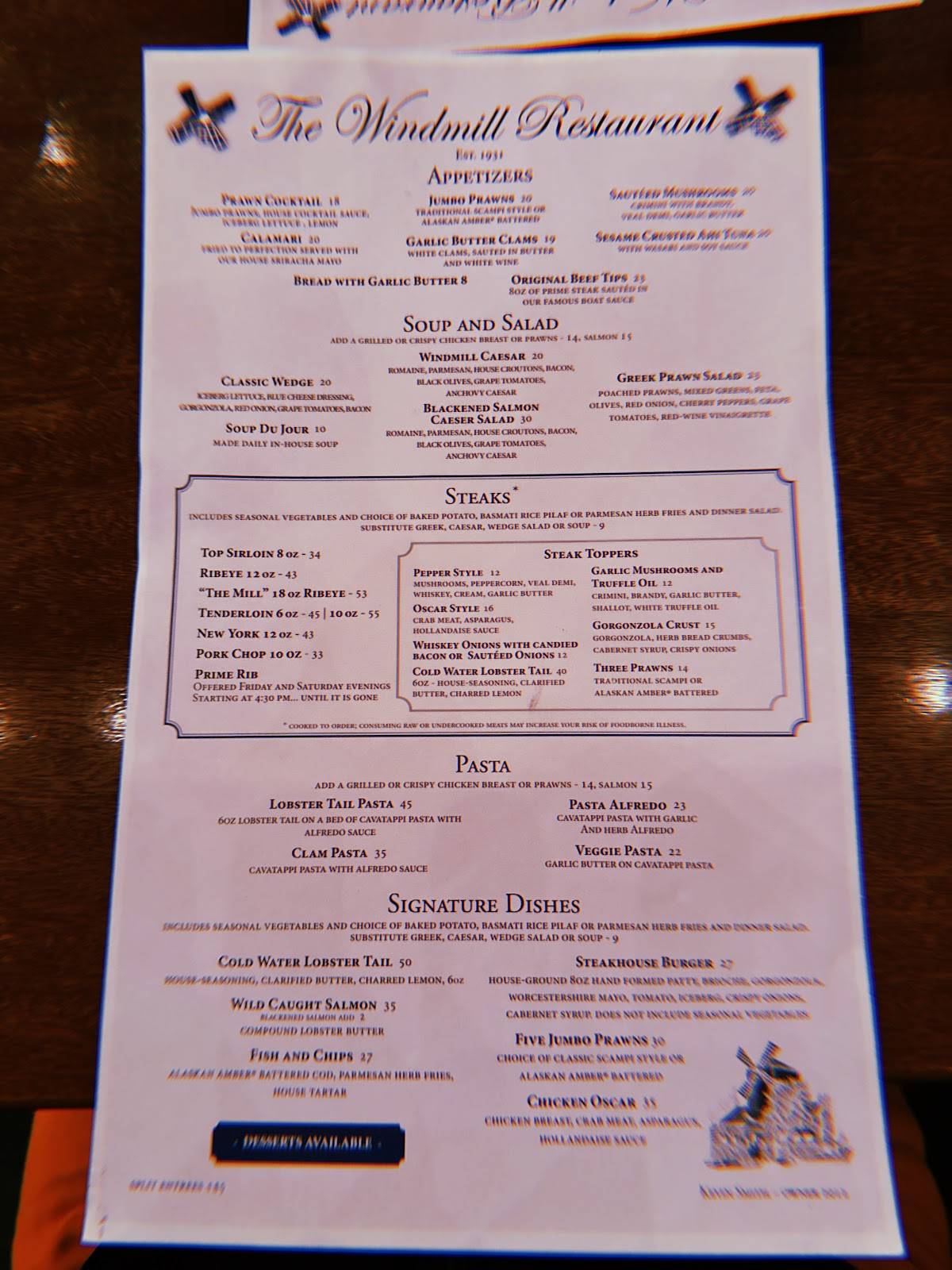 The Windmill Restaurant меню