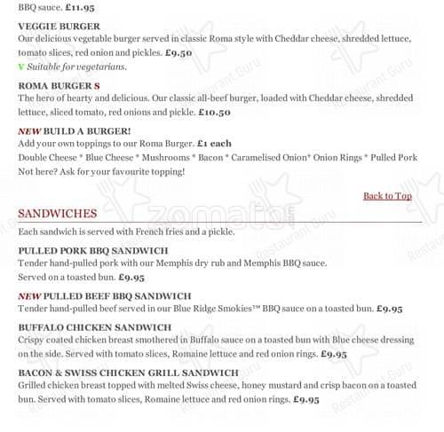 Tony Roma's меню