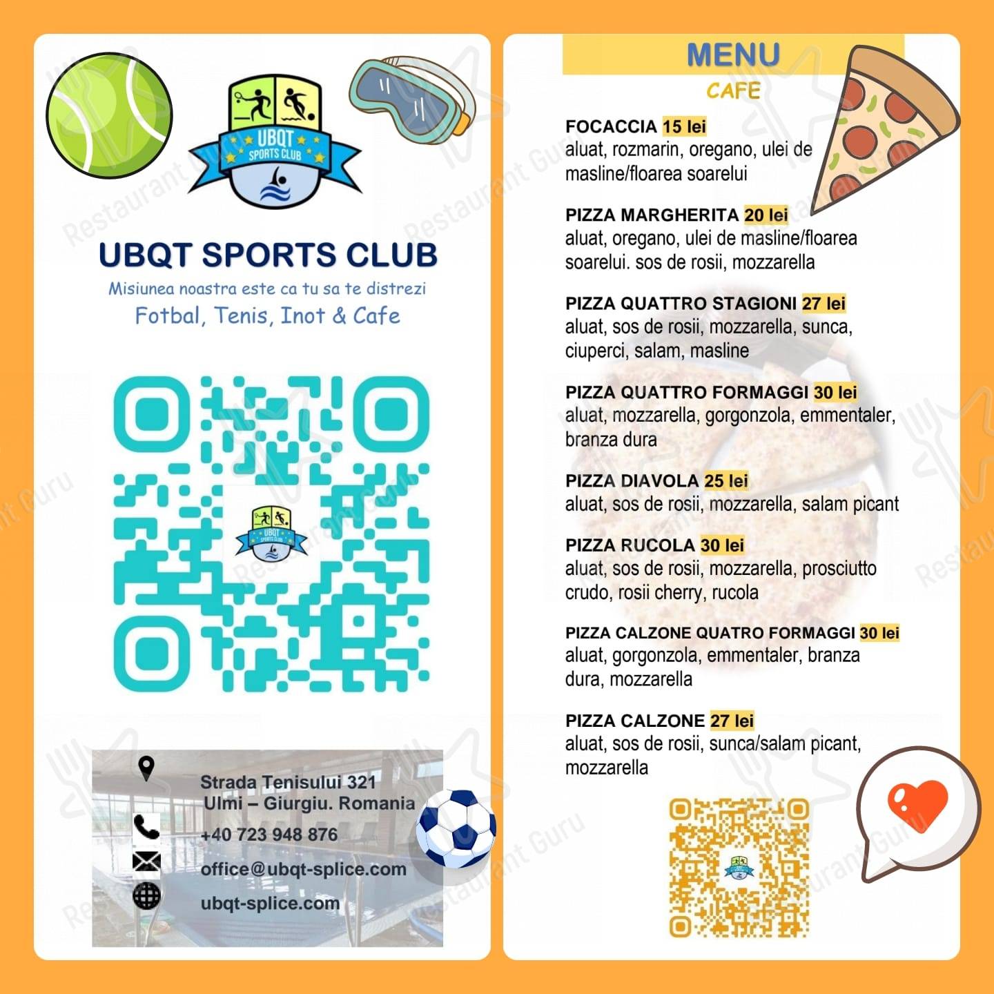 Меню для посетителей ресторана UBQT Sports Club
