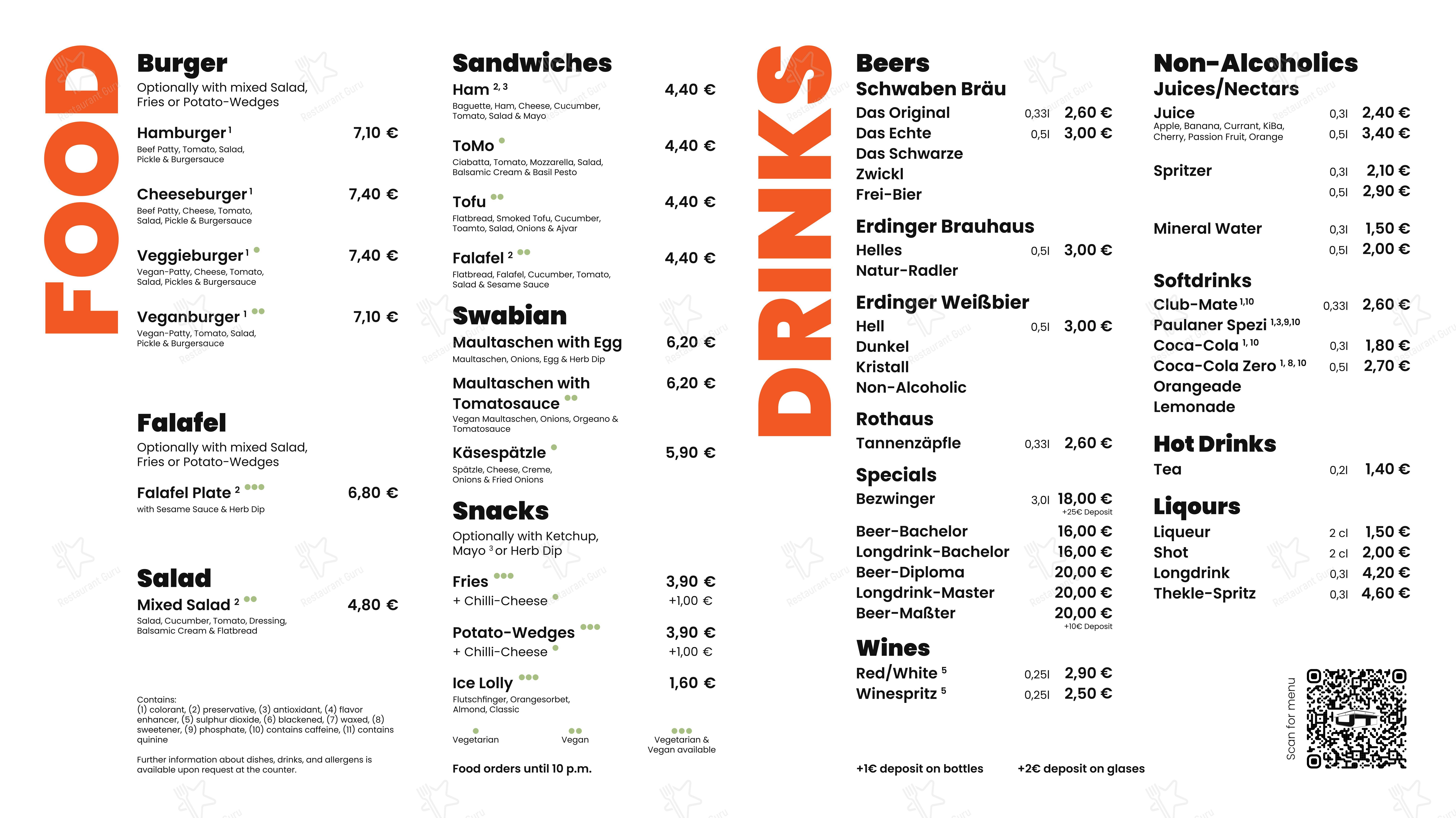 Меню паба и бара Unithekle Campusbar в Штутгарте
