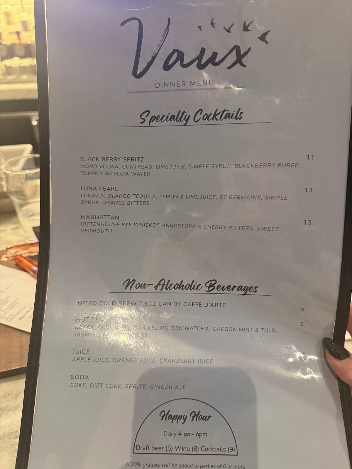Vaux Bar and Restaurant меню