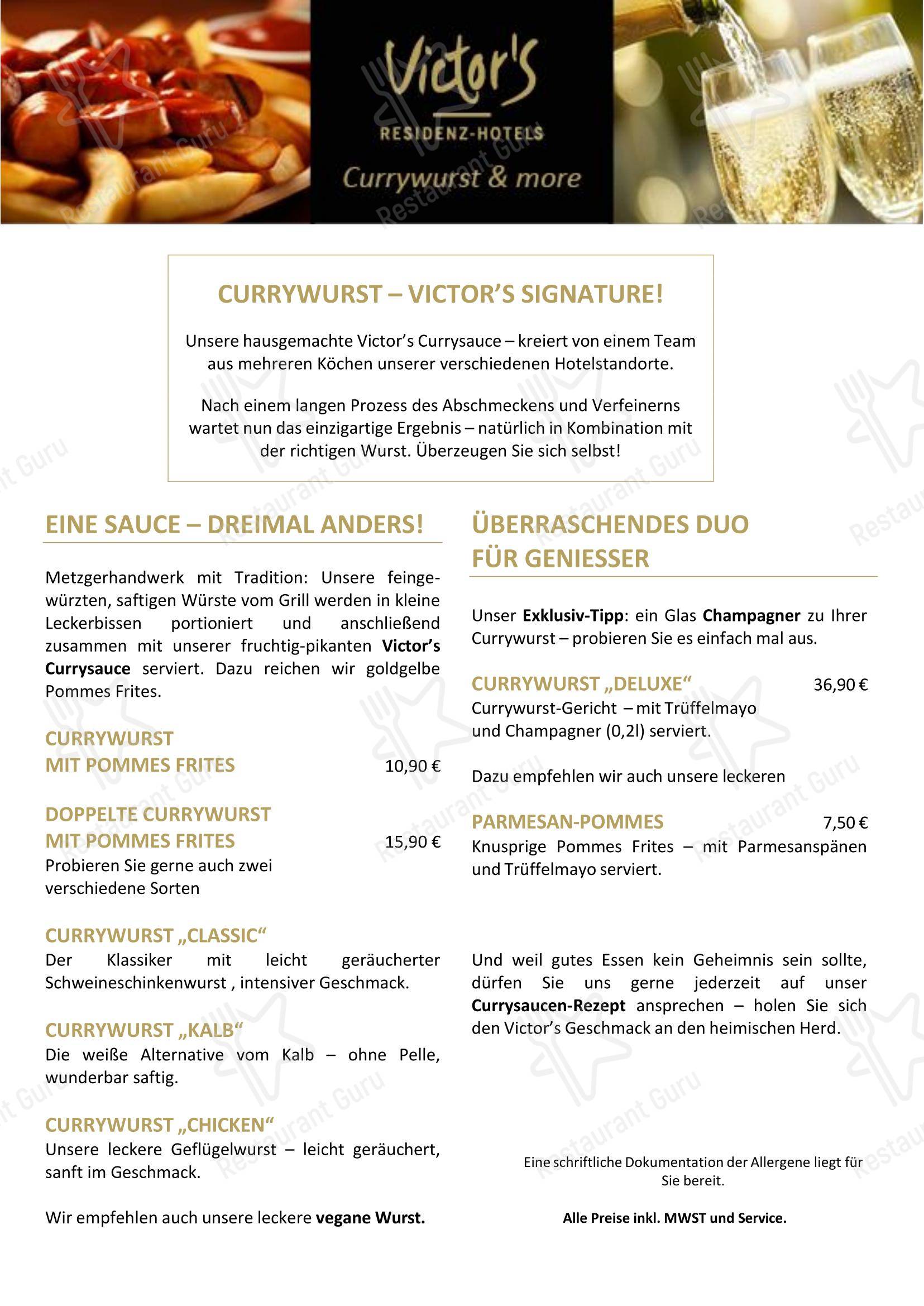 Основное меню ресторана Victor's Restaurant