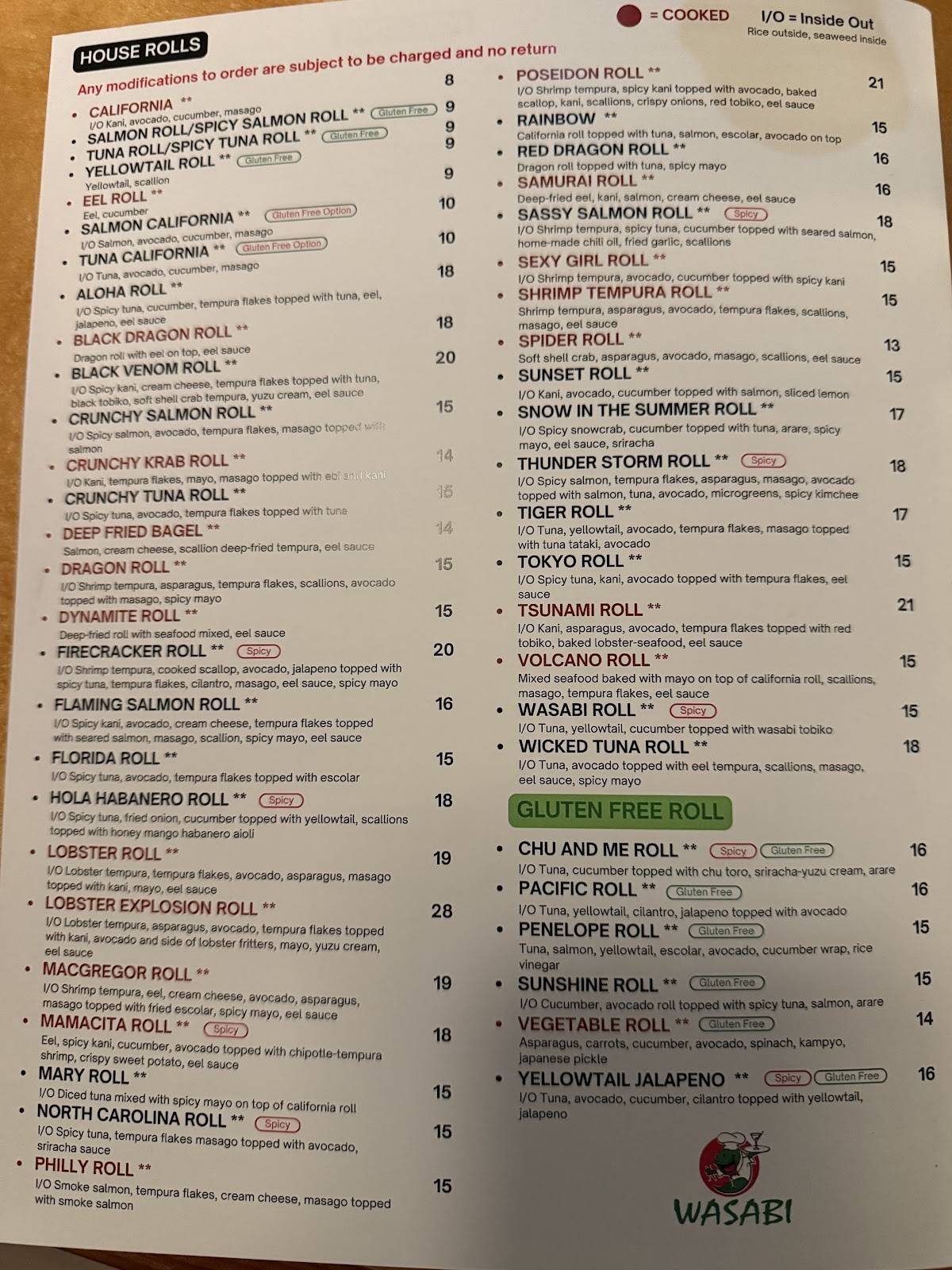 Wasabi Sushi & Thai Restaurant меню