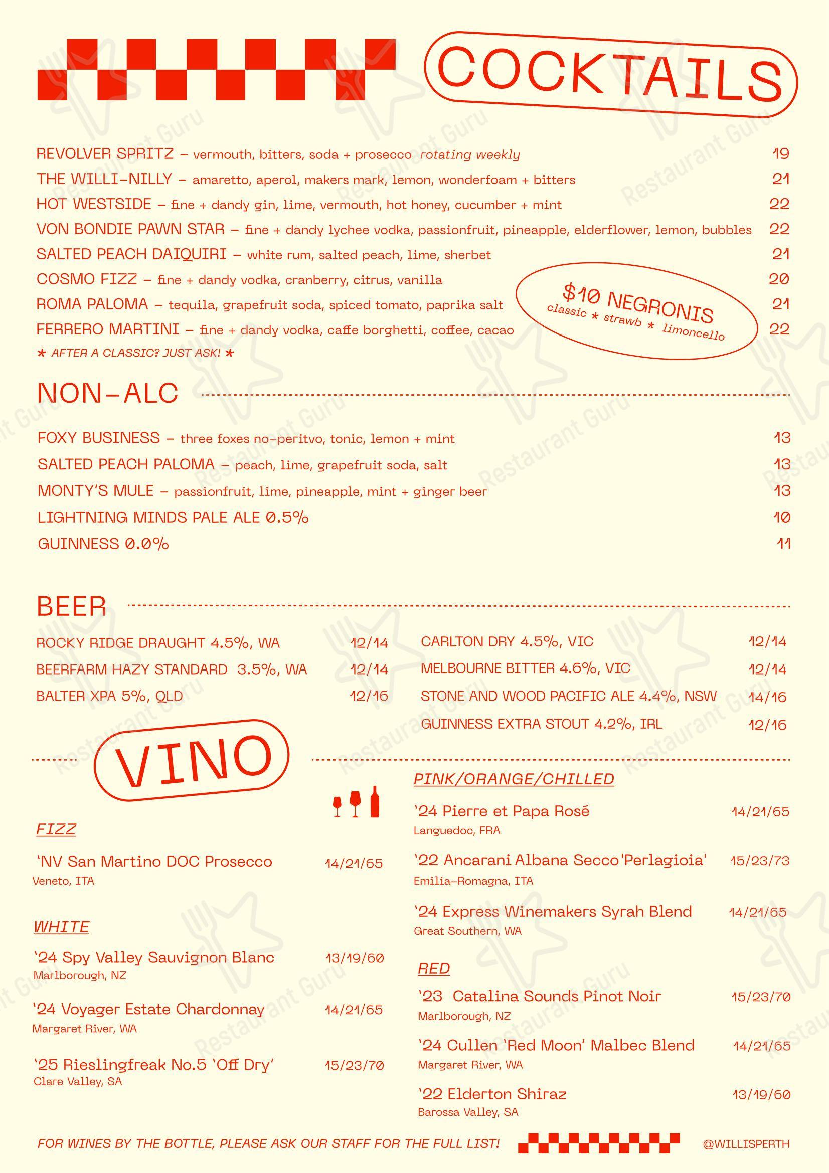 Меню ресторана Willi's Pizza Bar - Lunch Menu